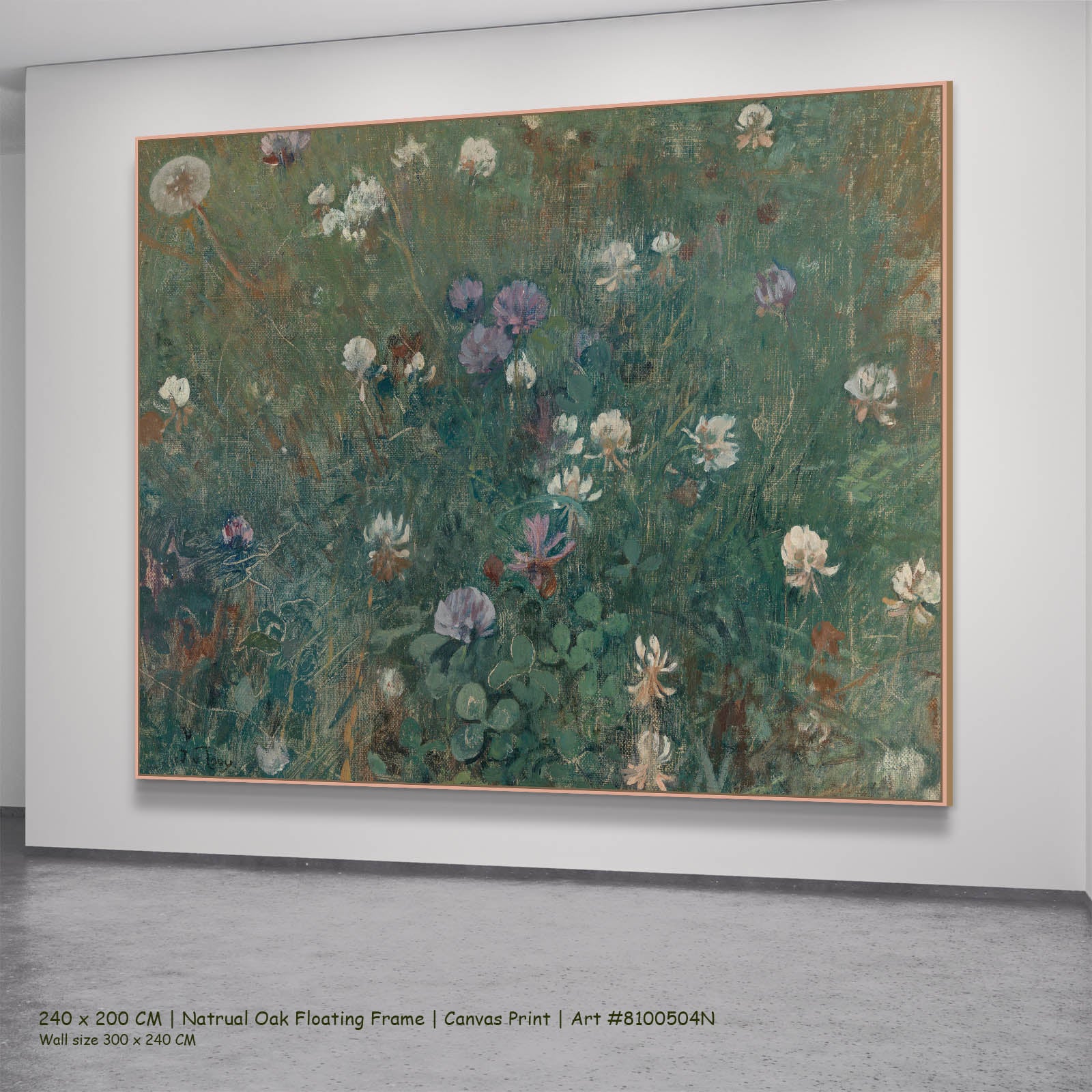 Blooming Clover Meadow canvas wall art in a natural oak floating frame, 240 × 200 cm