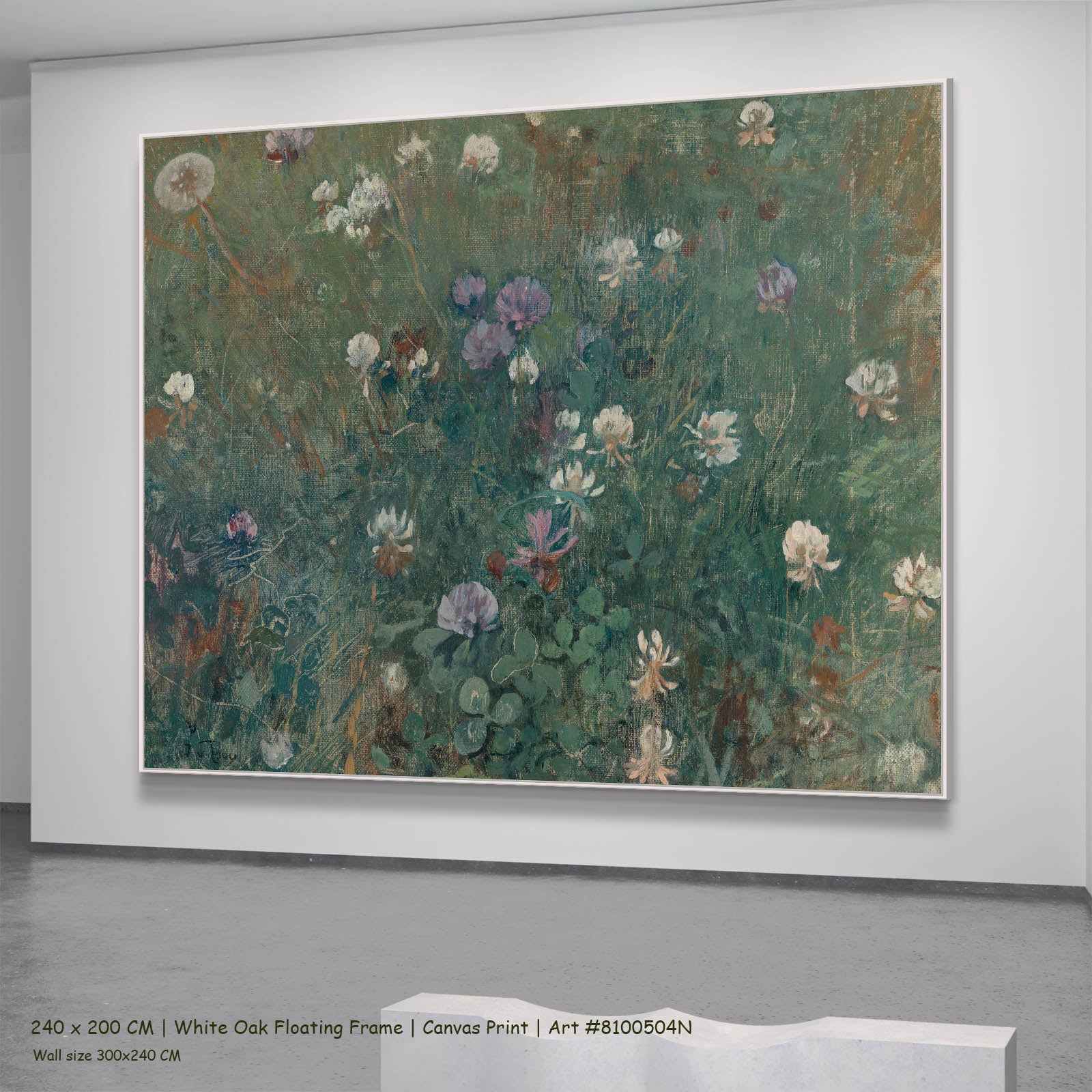 Blooming Clover Meadow canvas wall art in a white oak floating frame, 240 × 200 cm
