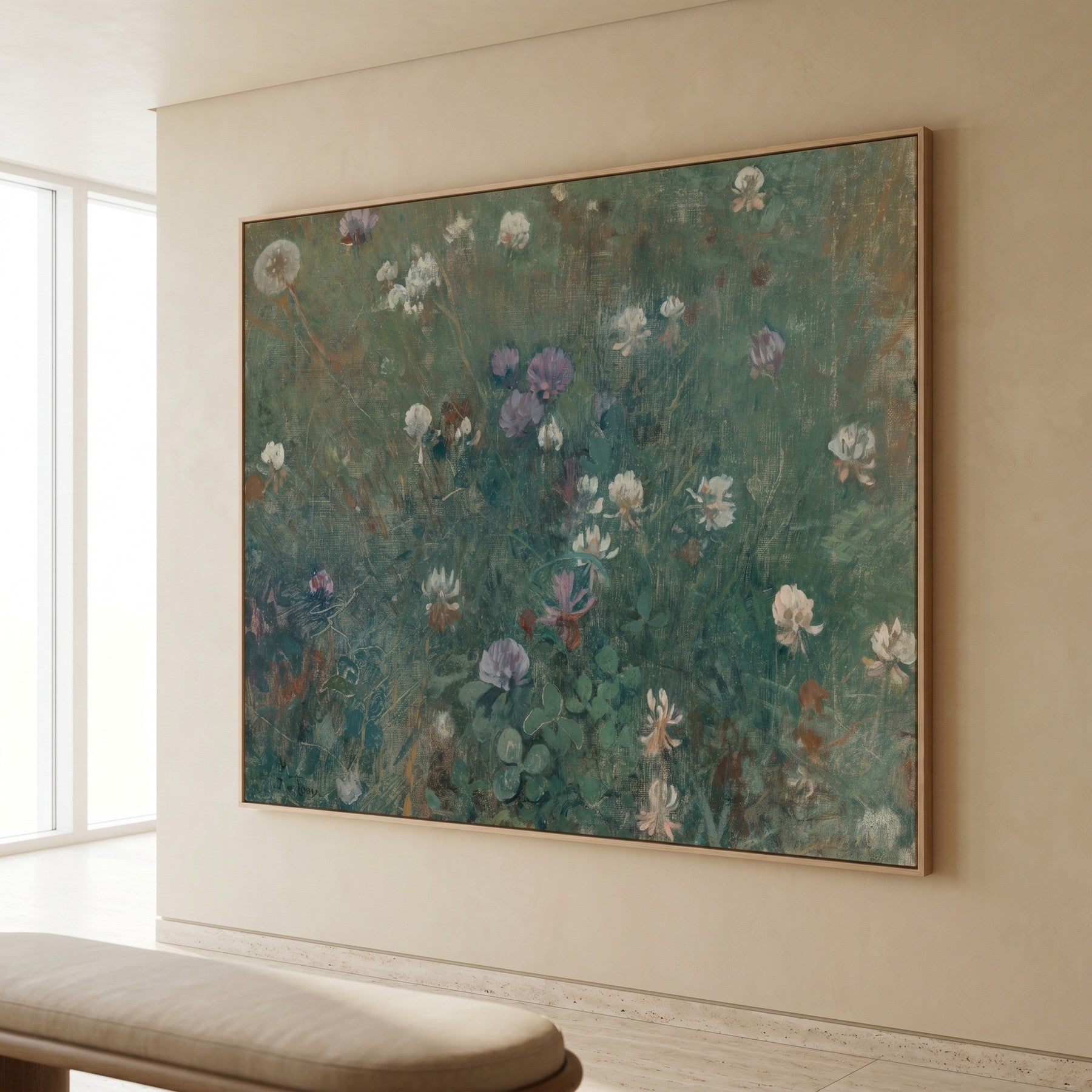 Blooming Clover Large Floral Meadow canvas wall art framed and hung on a wall by Jac van Looij