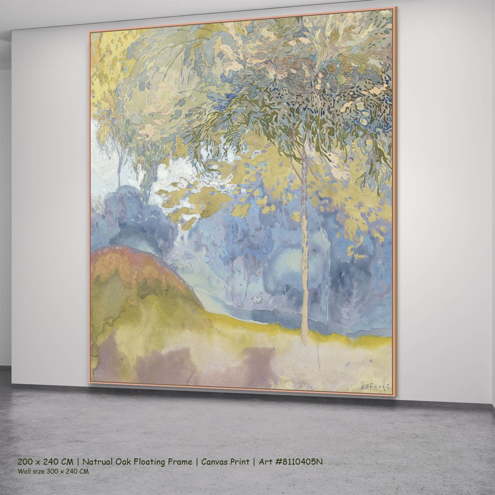 Wooded Landscape Landscape canvas wall art in a natural oak floating frame, 200 × 240 cm