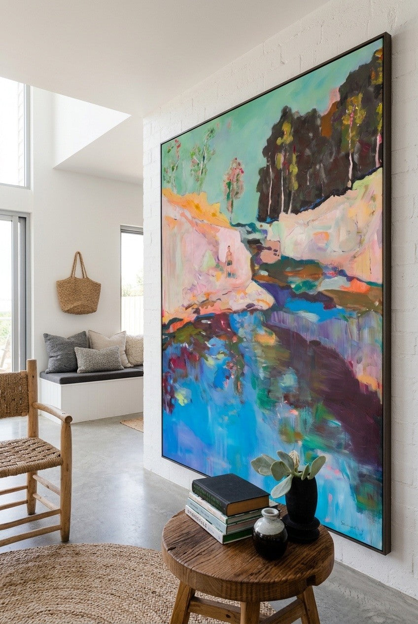 Find a Way by Summer Jiang — large blue and pink Abstract canvas art displayed on a wall