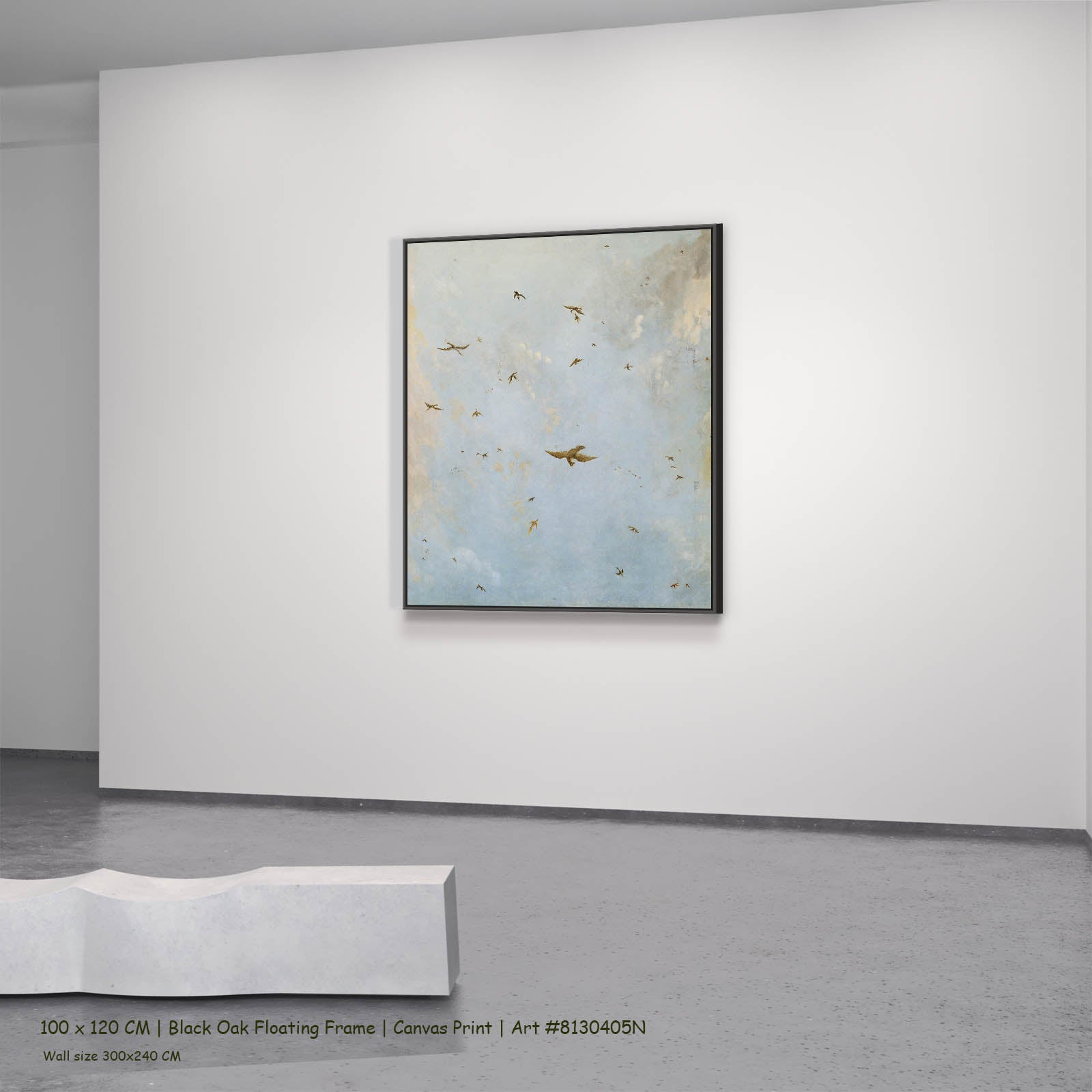 Ceiling of a Cloudy Sky with Birds Clouds canvas wall art in a black oak floating frame, 100 × 120 cm