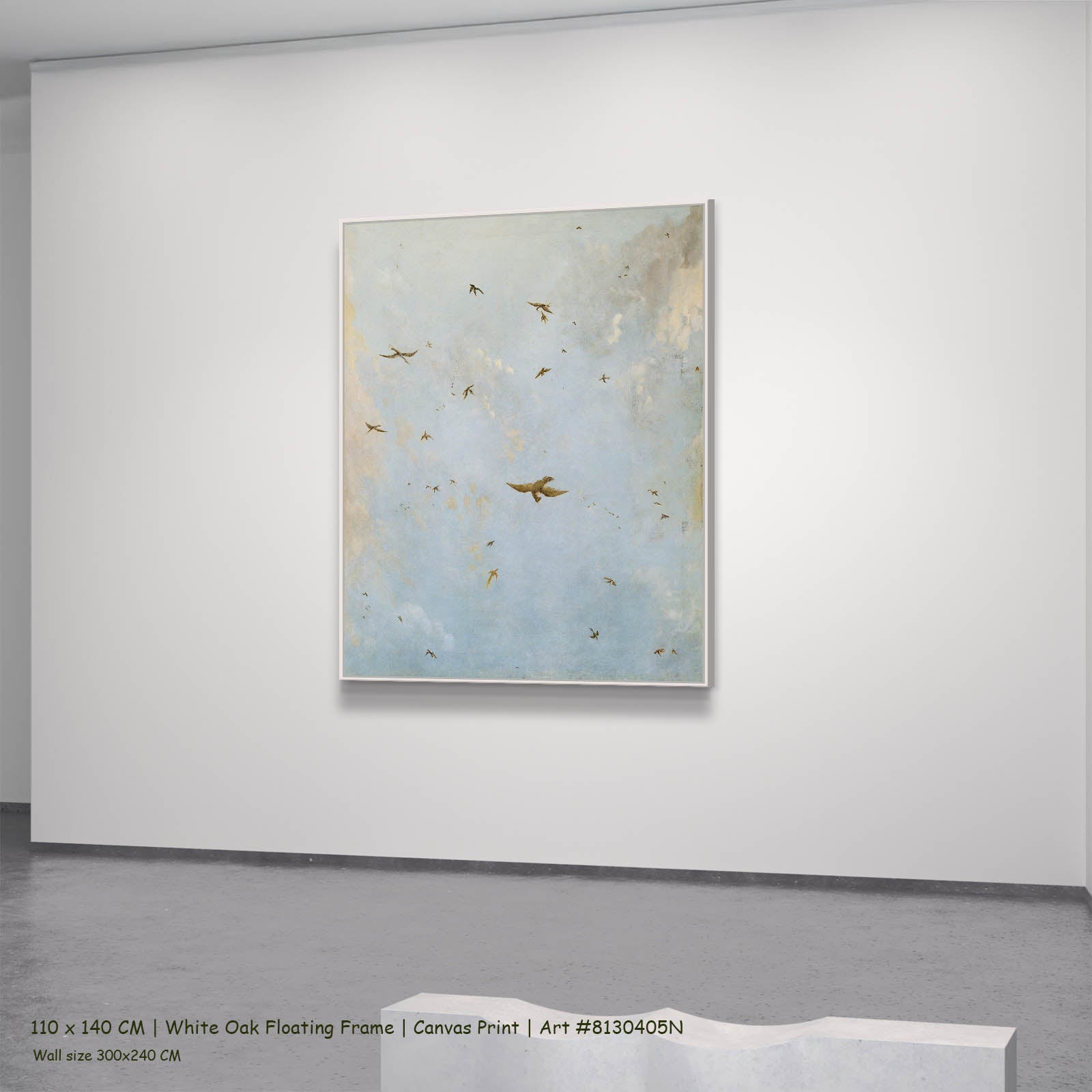 Ceiling of a Cloudy Sky with Birds Clouds canvas wall art in a white oak floating frame, 110 × 140 cm