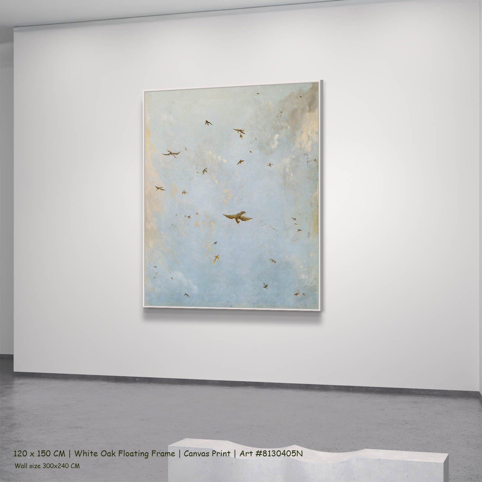 Ceiling of a Cloudy Sky with Birds Clouds canvas wall art in a white oak floating frame, 120 × 150 cm