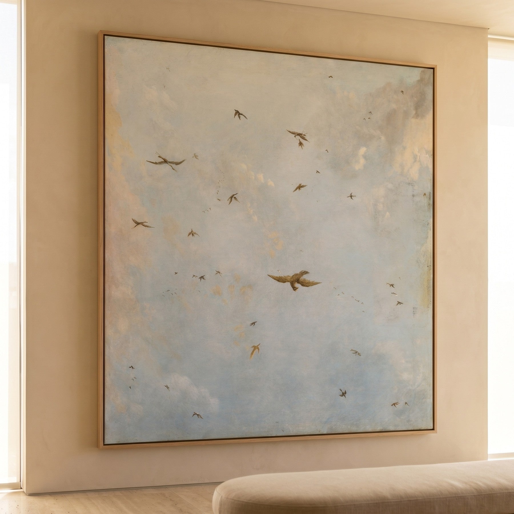 Ceiling of a Cloudy Sky with Birds Tall Sky & Clouds canvas wall art framed and hung on a wall by attributed to Nicolaes