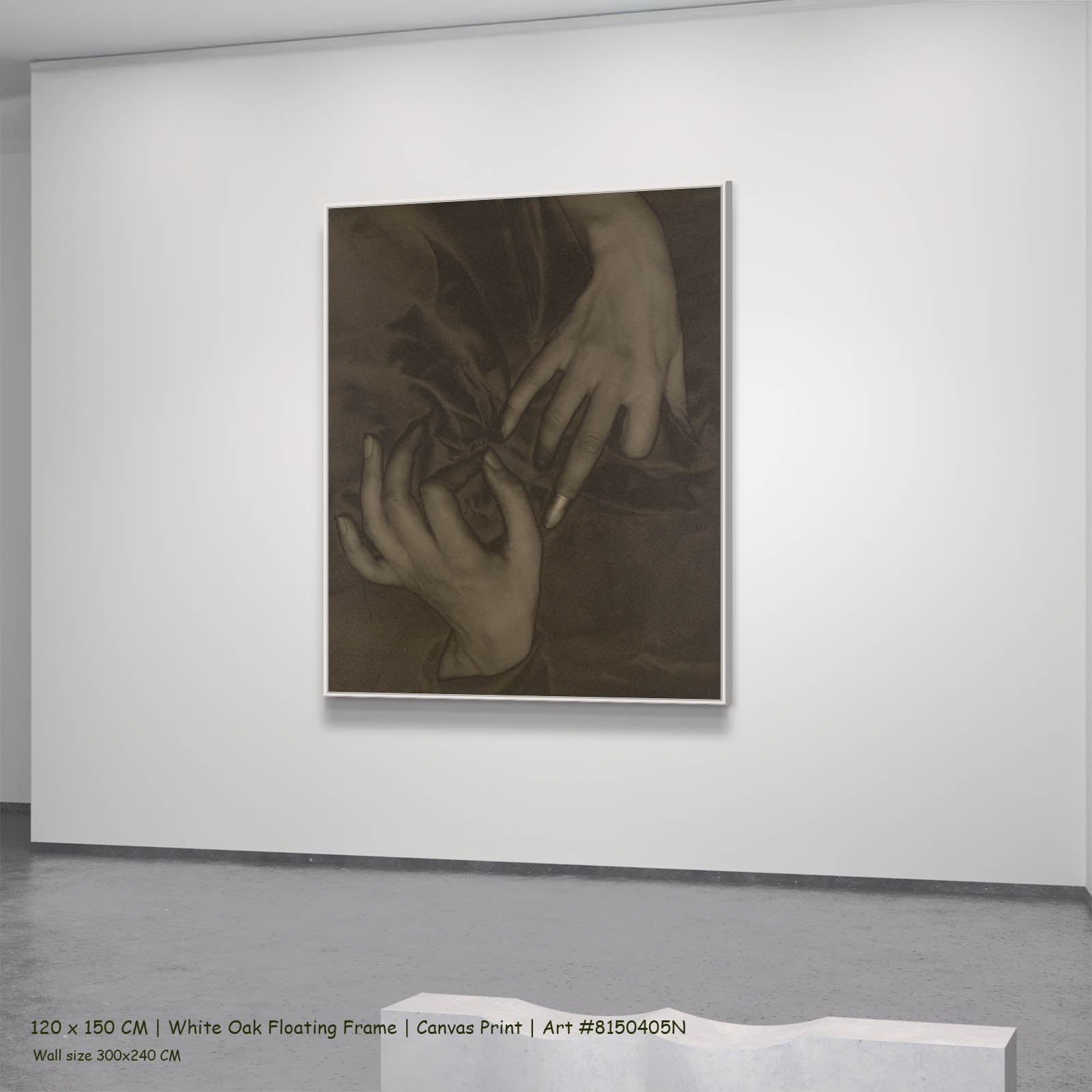 Georgia O'Keeffe — Hands and Thimble Photography canvas wall art in a white oak floating frame, 120 × 150 cm