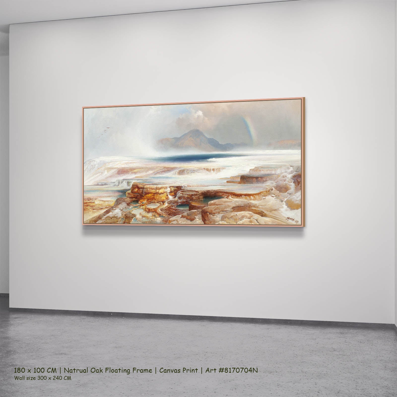 Hot Springs of the Yellowstone Landscape canvas wall art in a natural oak floating frame, 180 × 100 cm