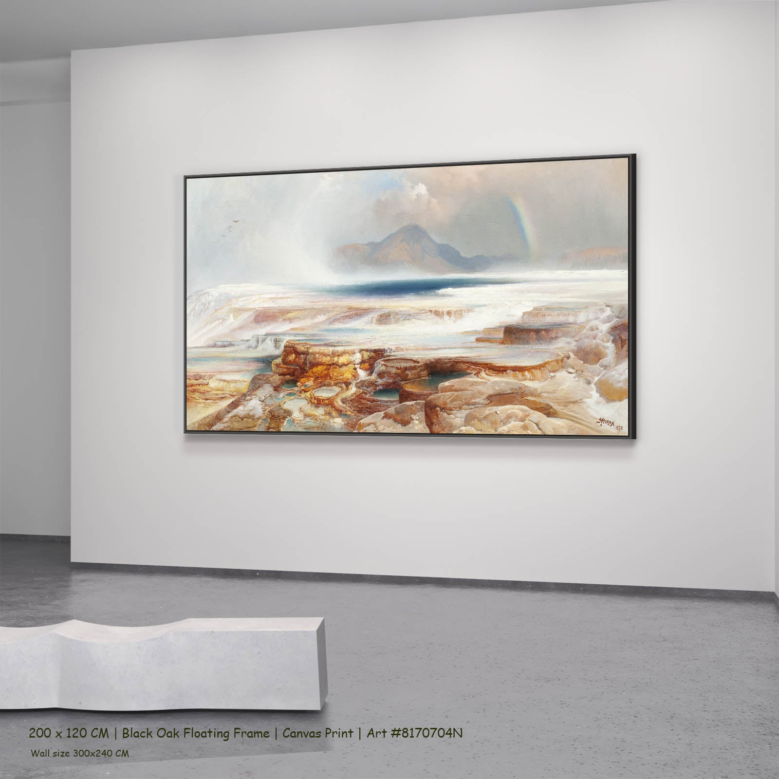 Hot Springs of the Yellowstone Landscape canvas wall art in a black oak floating frame, 200 × 120 cm