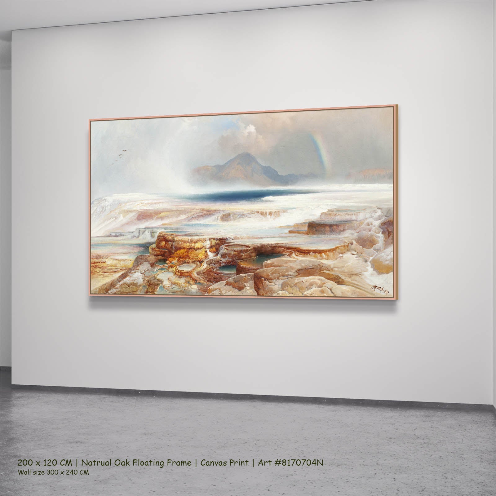 Hot Springs of the Yellowstone Landscape canvas wall art in a natural oak floating frame, 200 × 120 cm