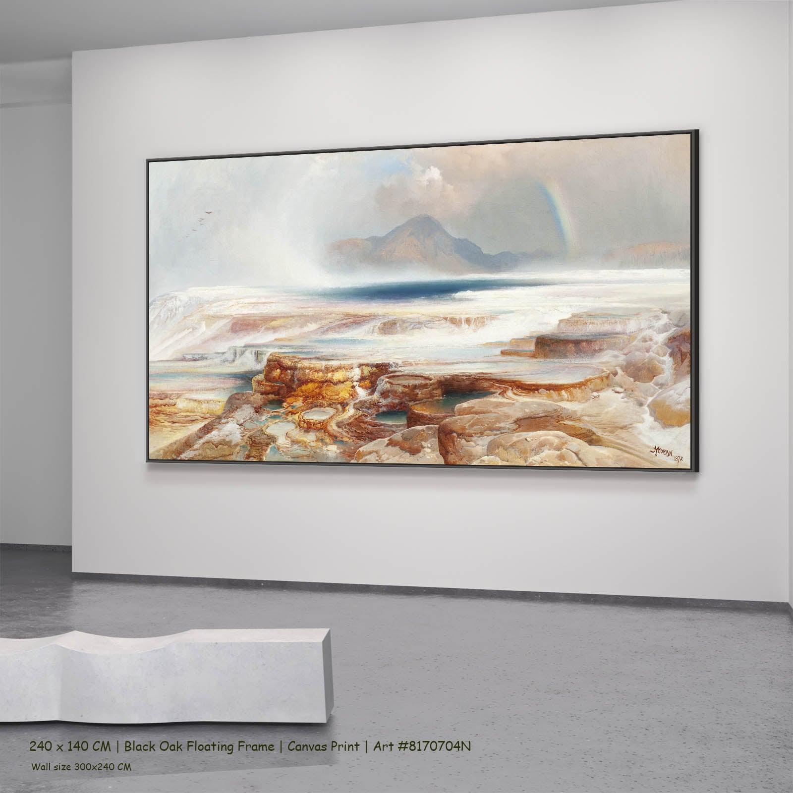 Hot Springs of the Yellowstone Landscape canvas wall art in a black oak floating frame, 240 × 140 cm