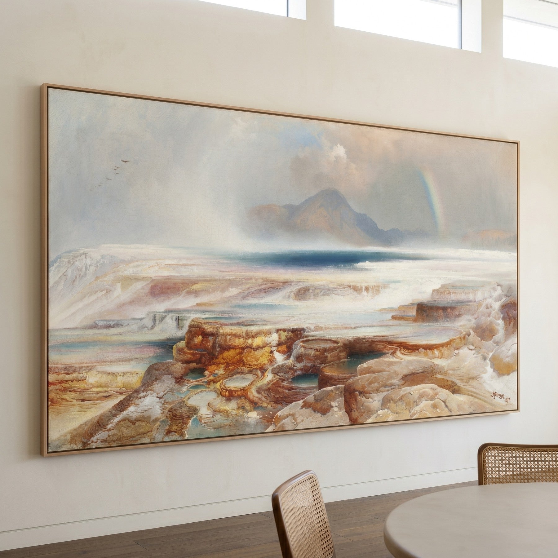 Hot Springs of the Yellowstone Large Landscape canvas wall art framed and hung on a wall by Thomas Moran