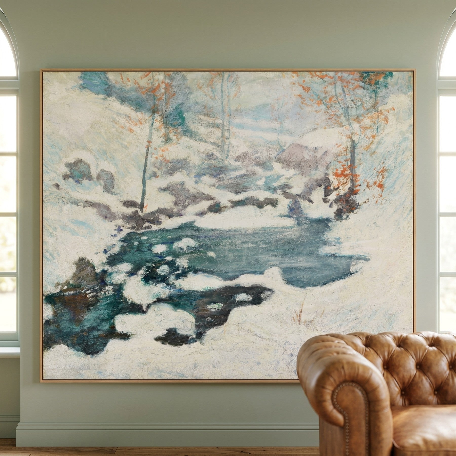Icebound Large Winter Landscape canvas wall art framed and hung on a wall by John Henry Twachtman
