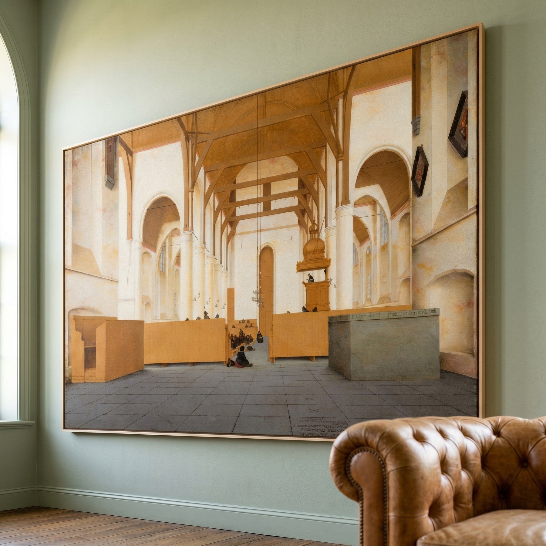 Interior of the Sint Odulphuskerk, Assendelft Architecture canvas wall art styled in a room setting by Pieter Jansz Saenredam