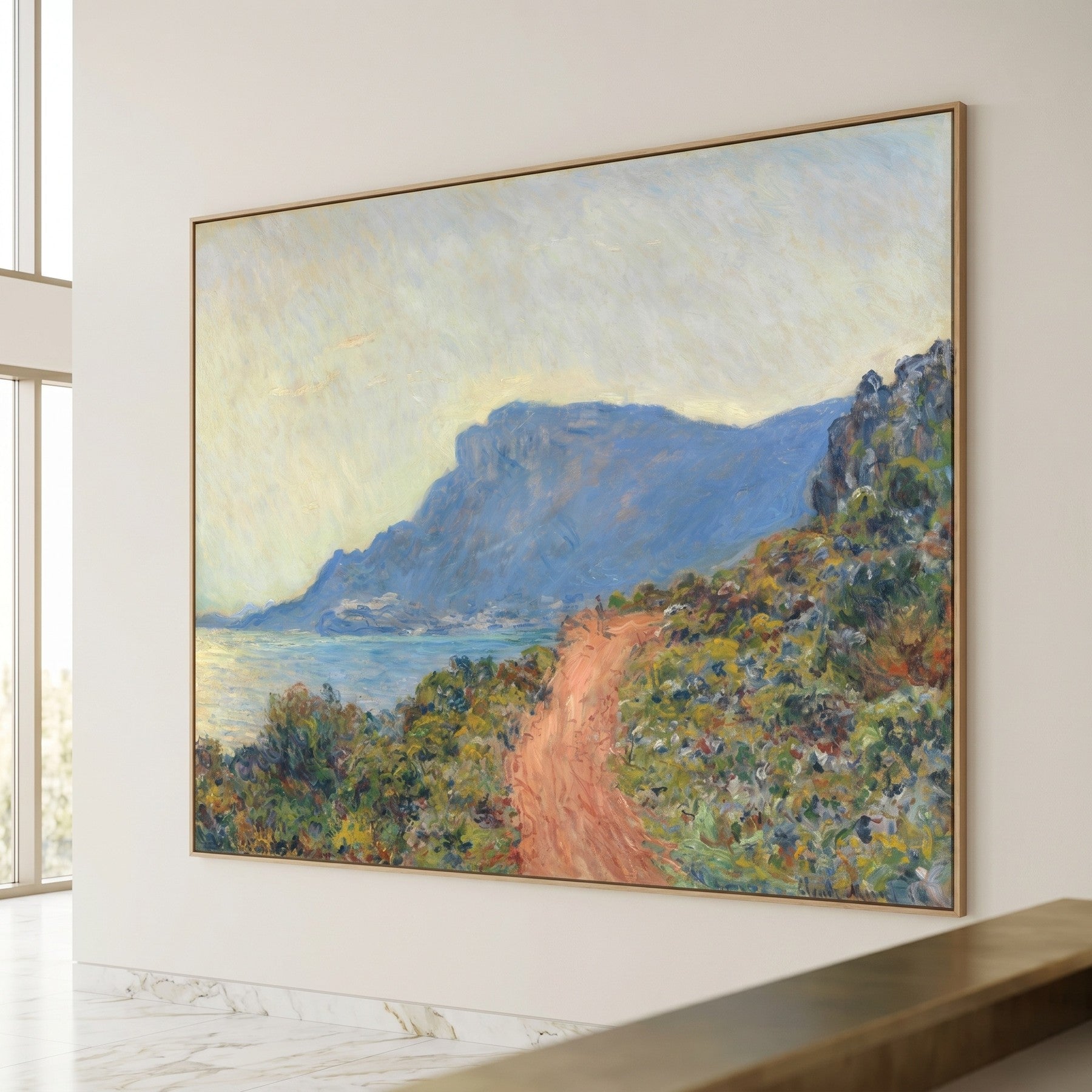 La Corniche near Monaco Large Coastal canvas wall art framed and hung on a wall by Claude Monet