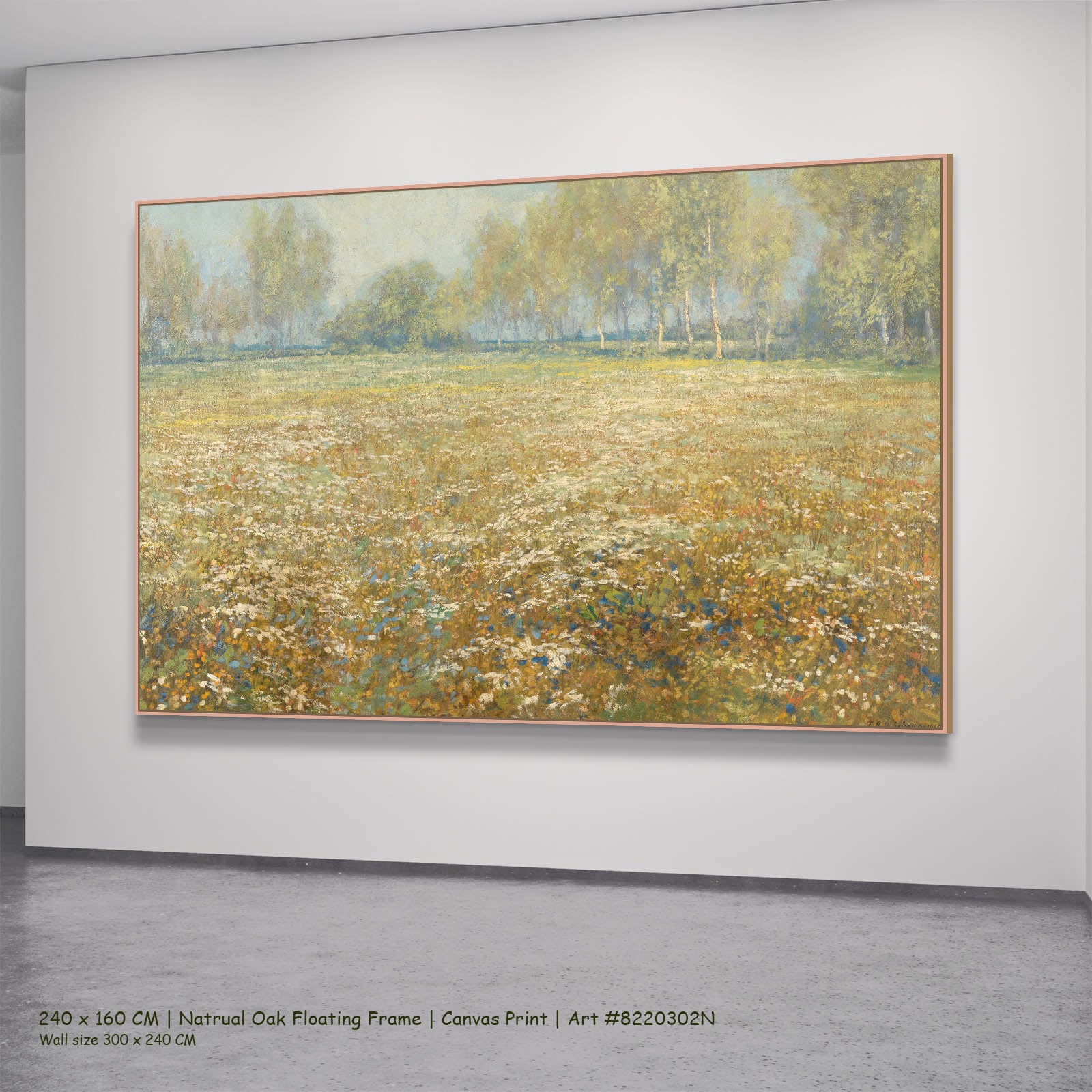 Meadow in Bloom Meadow canvas wall art in a natural oak floating frame, 240 × 160 cm