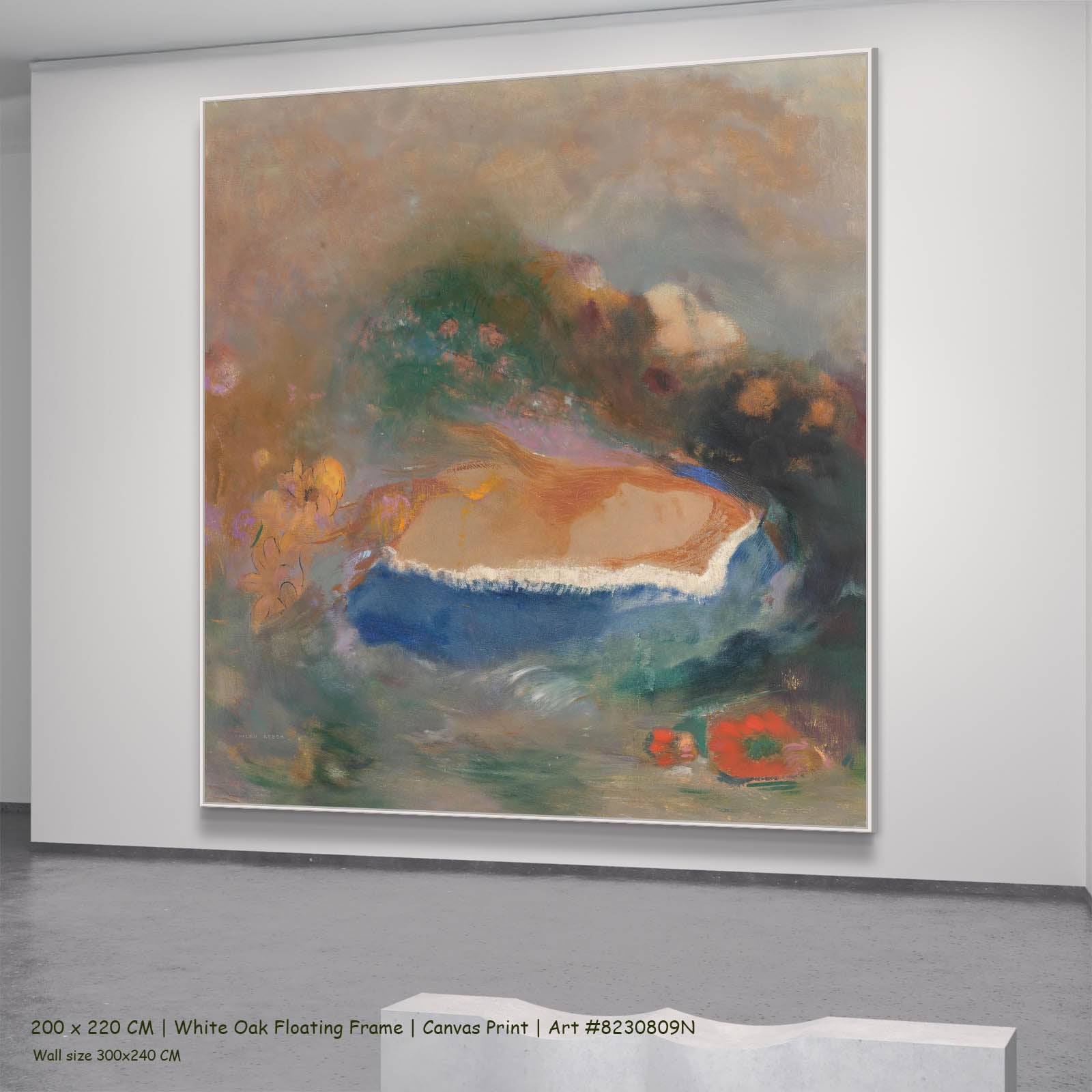 Ophelia with a Blue Wimple Figure canvas wall art in a white oak floating frame, 200 × 220 cm