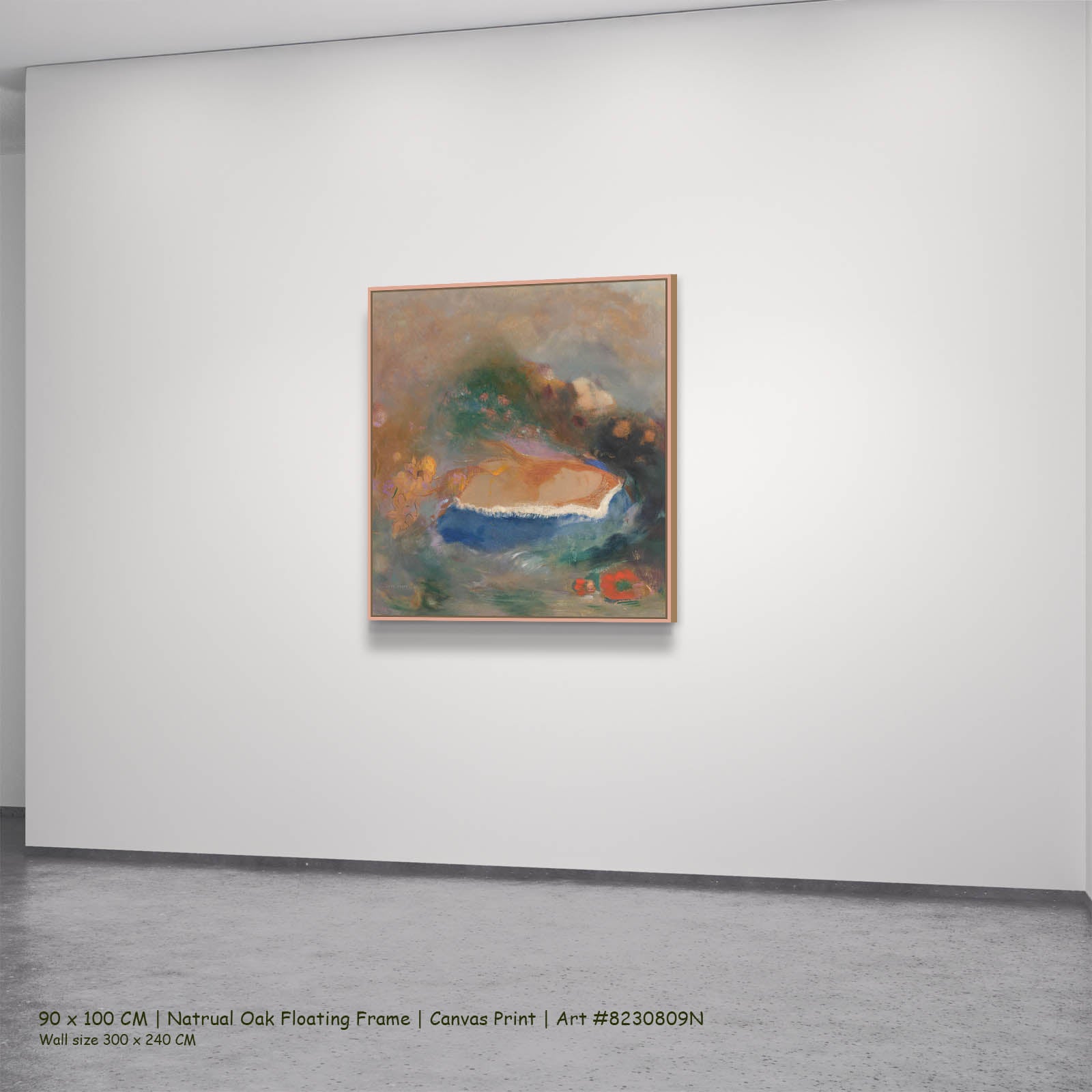 Ophelia with a Blue Wimple Figure canvas wall art in a natural oak floating frame, 90 × 100 cm