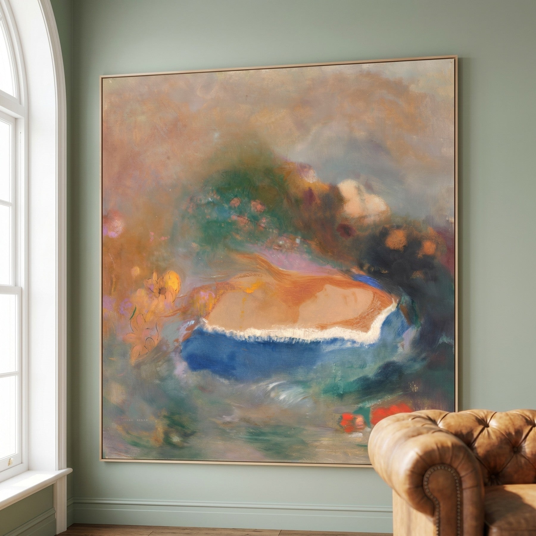 Ophelia with a Blue Wimple Tall Symbolist Figure canvas wall art framed and hung on a wall by Odilon Redon