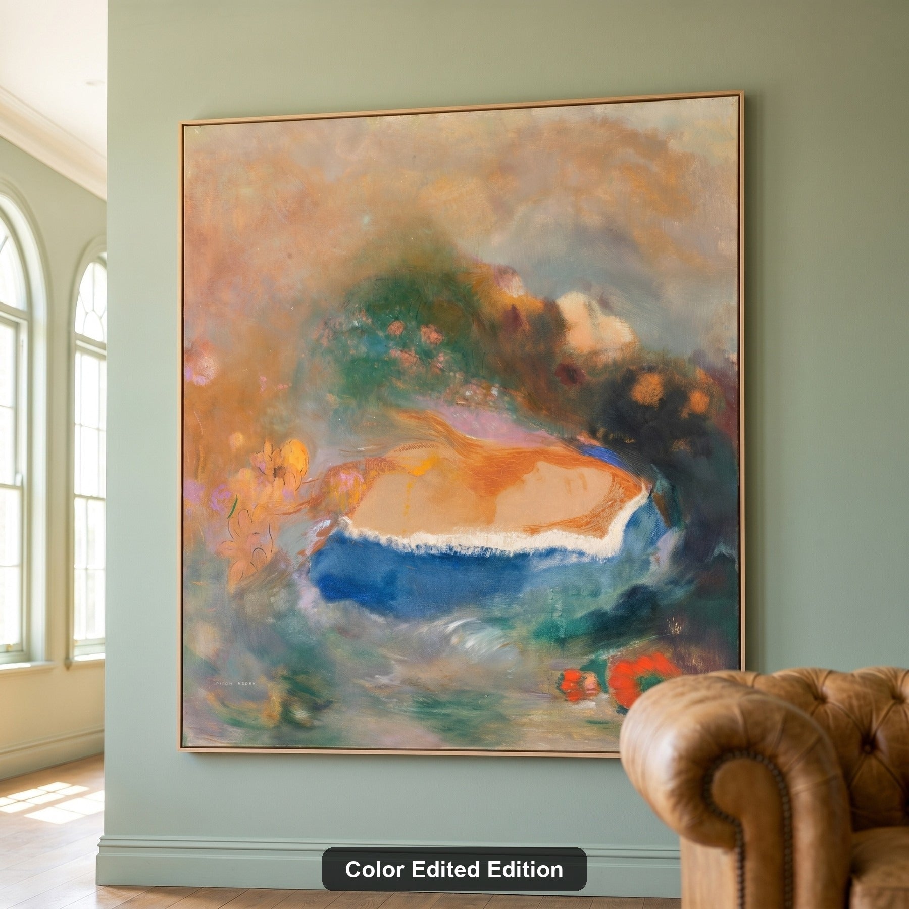 Ophelia with a Blue Wimple Figure canvas wall art styled in a room setting by Odilon Redon