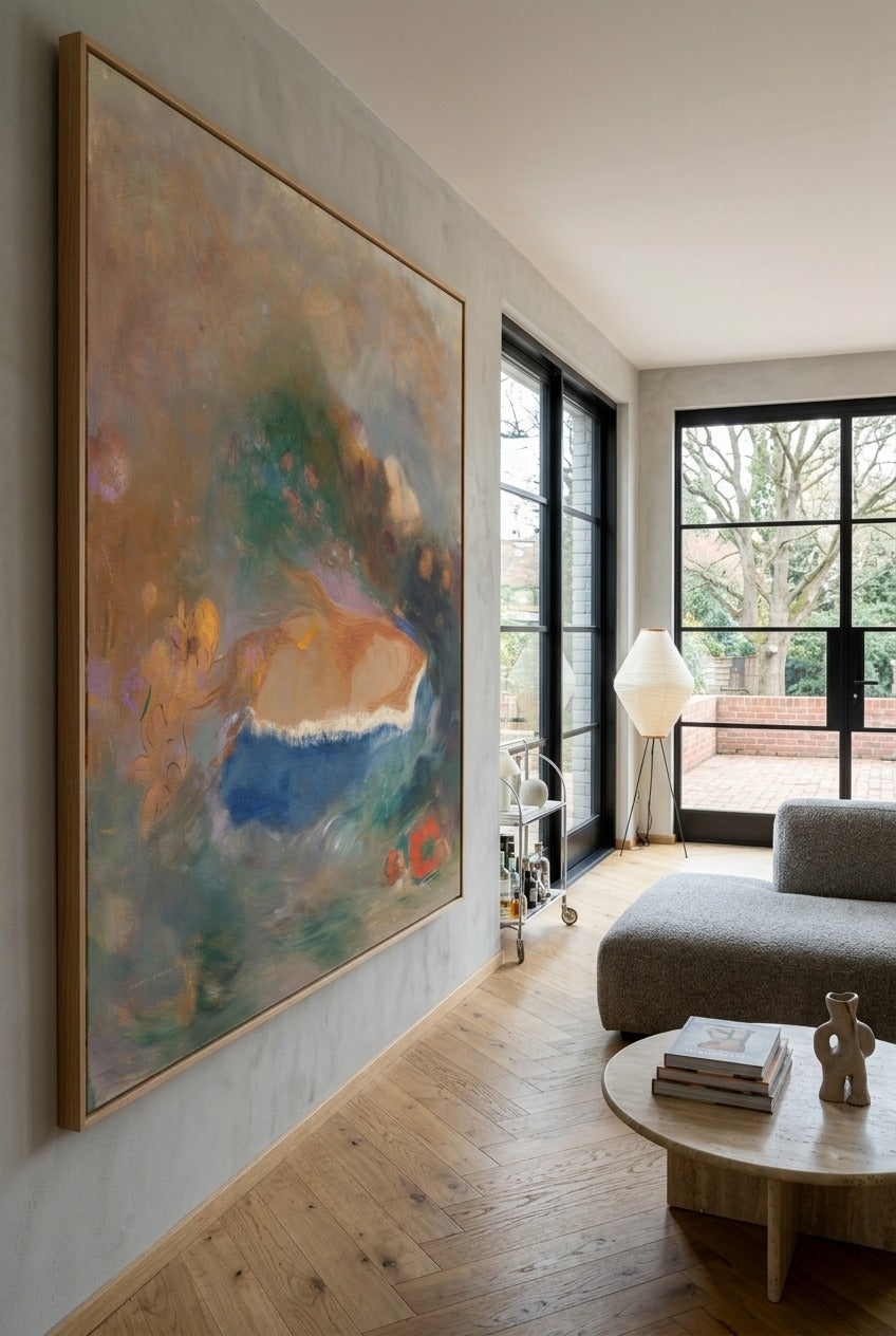 Odilon Redon by Odilon Redon — large blue and orange Symbolist canvas art displayed on a wall