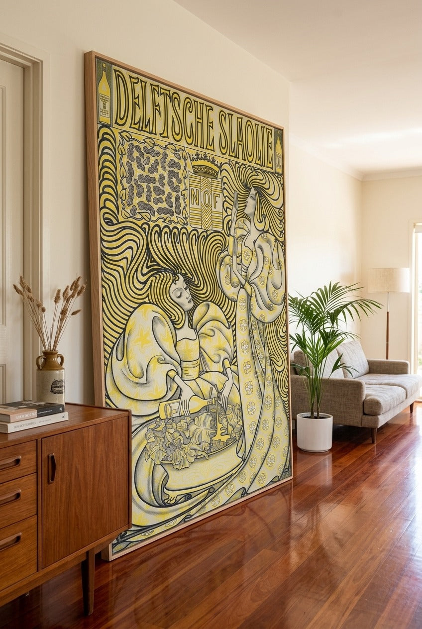 Jan Toorop by Jan Toorop — large yellow and black Art Nouveau canvas art displayed on a wall