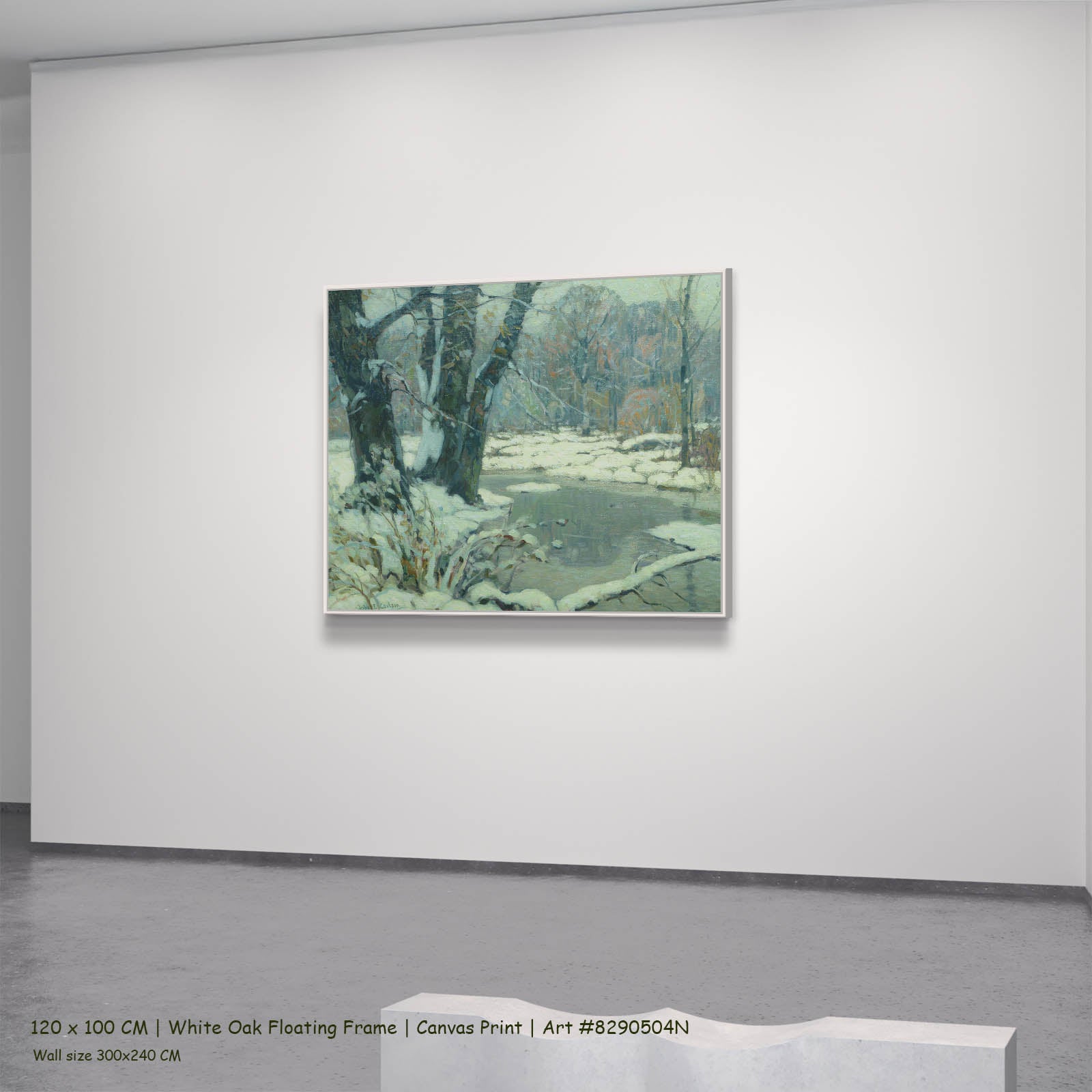 Silvered Brook Landscape canvas wall art in a white oak floating frame, 120 × 100 cm