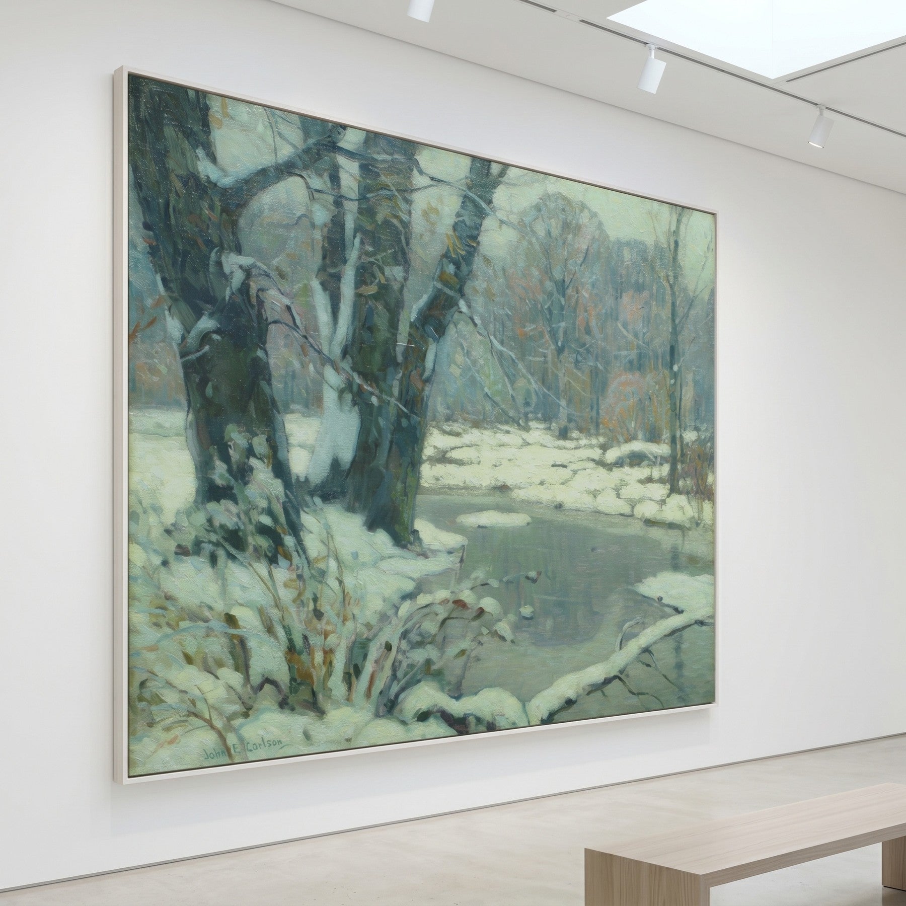 Silvered Brook Large Winter Landscape canvas wall art framed and hung on a wall by John F. Carlson
