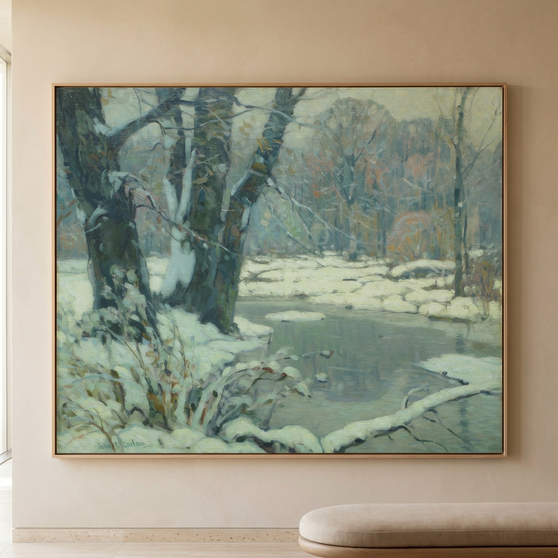 Silvered Brook Landscape canvas wall art shown in a styled room by John F. Carlson