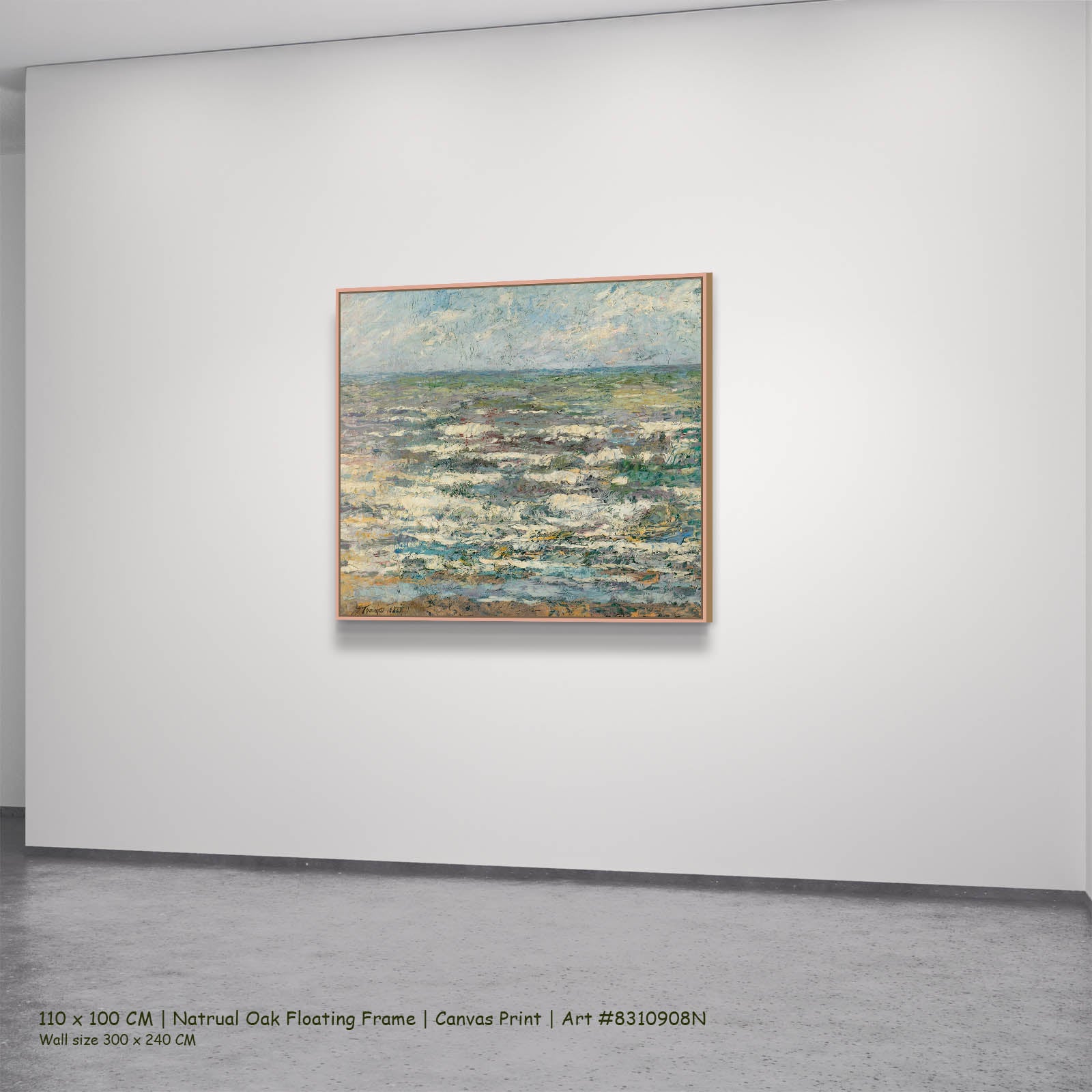 The Sea Seascape canvas wall art in a natural oak floating frame, 110 × 100 cm
