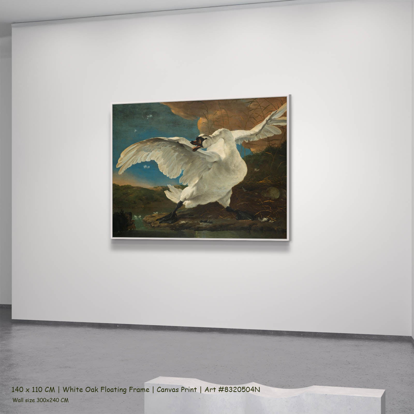 The Threatened Swan Wildlife canvas wall art in a white oak floating frame, 140 × 110 cm