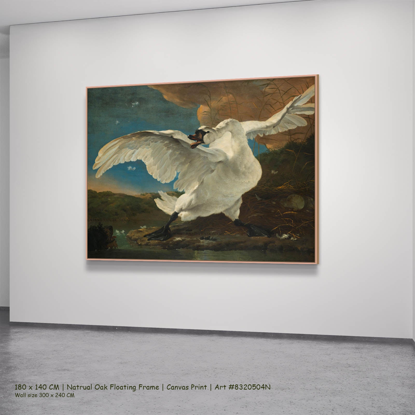 The Threatened Swan Wildlife canvas wall art in a natural oak floating frame, 180 × 140 cm