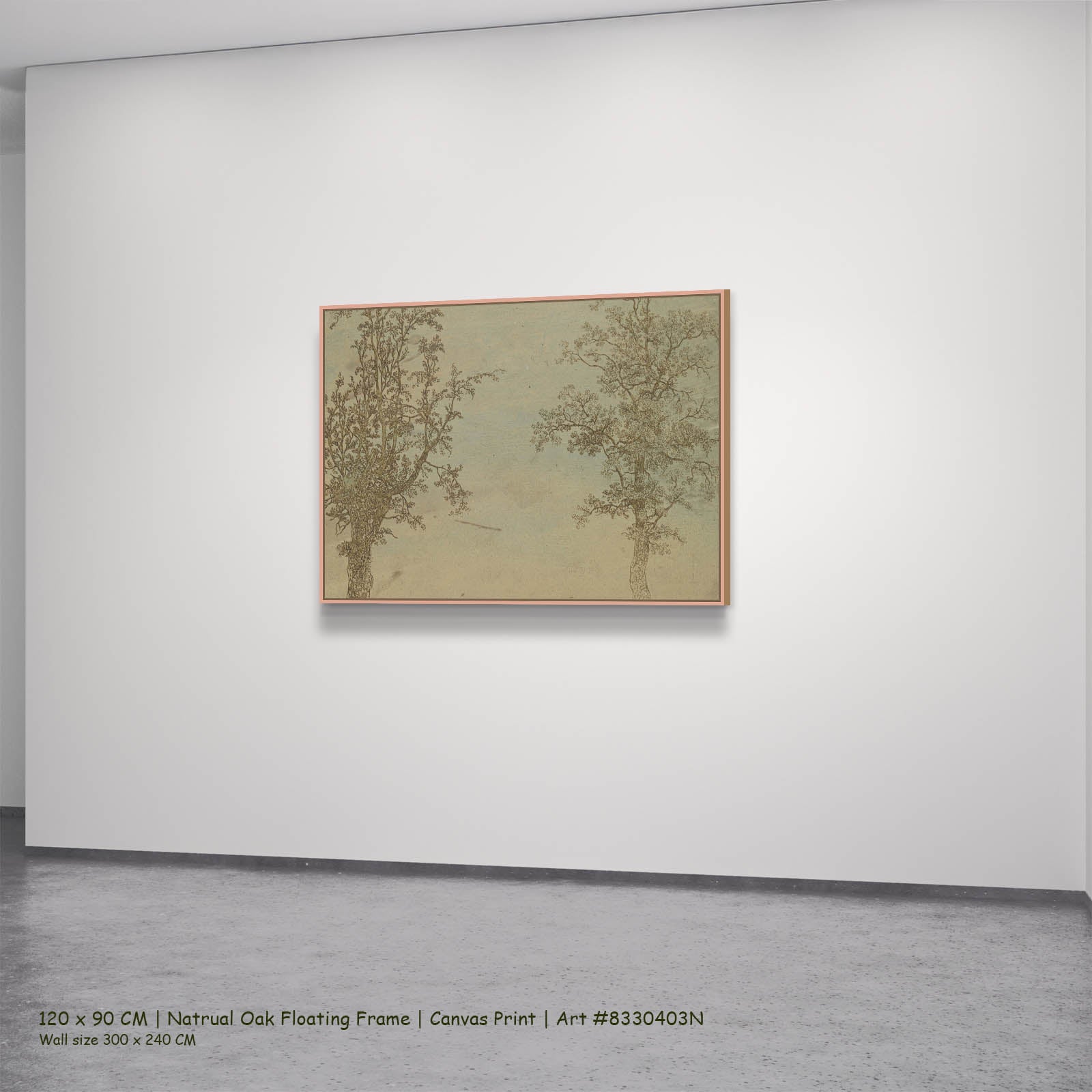 Two Trees: An Alder and an Ash Line-Art canvas wall art in a natural oak floating frame, 120 × 90 cm