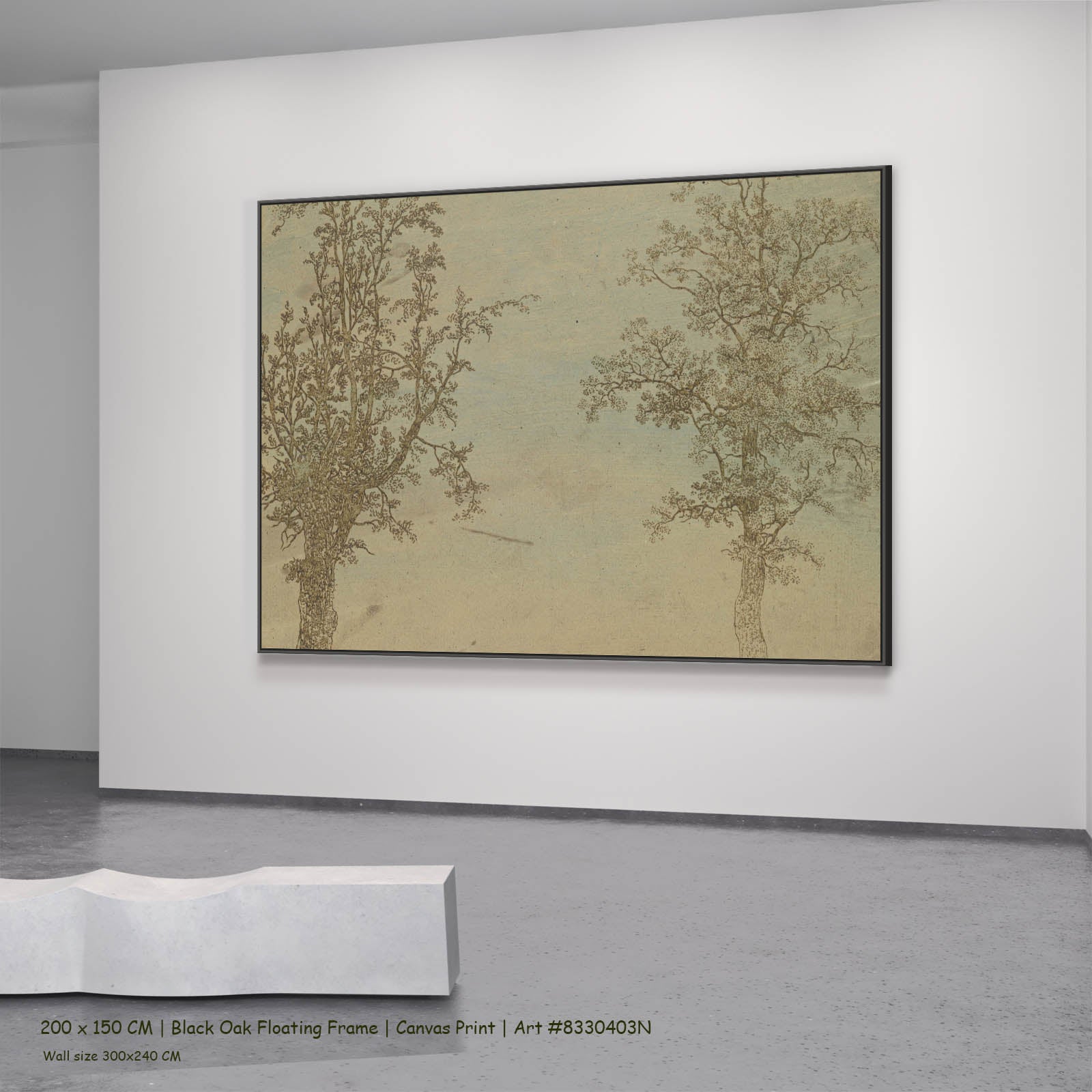 Two Trees: An Alder and an Ash Line-Art canvas wall art in a black oak floating frame, 200 × 150 cm