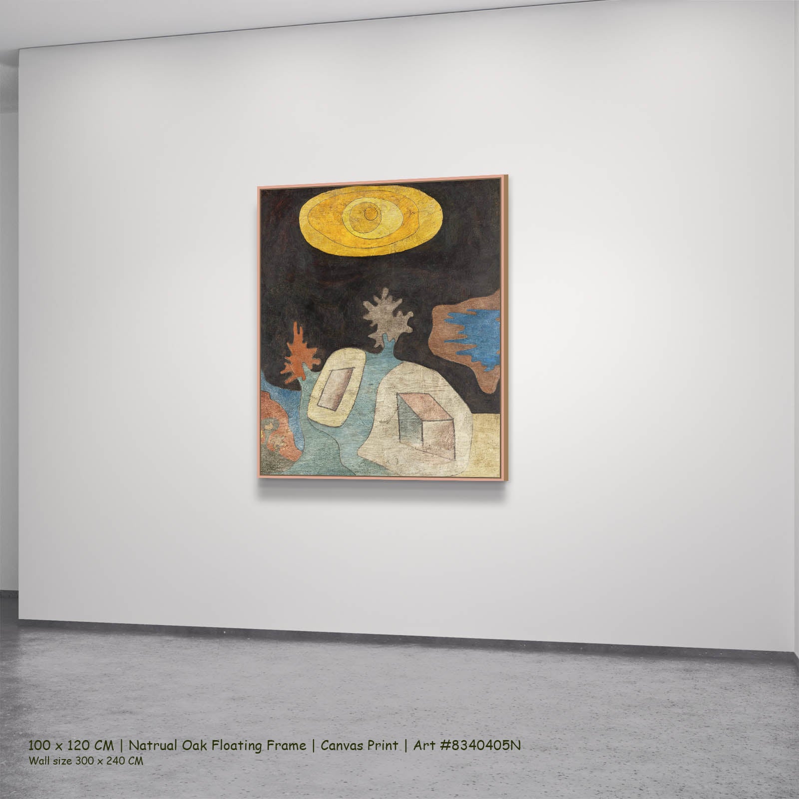 Untitled (Sun-Eye over Landscape) Abstract canvas wall art in a natural oak floating frame, 100 × 120 cm