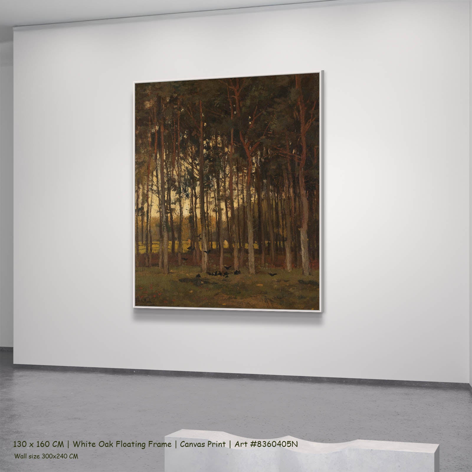 View in the Woods Landscape canvas wall art in a white oak floating frame, 130 × 160 cm