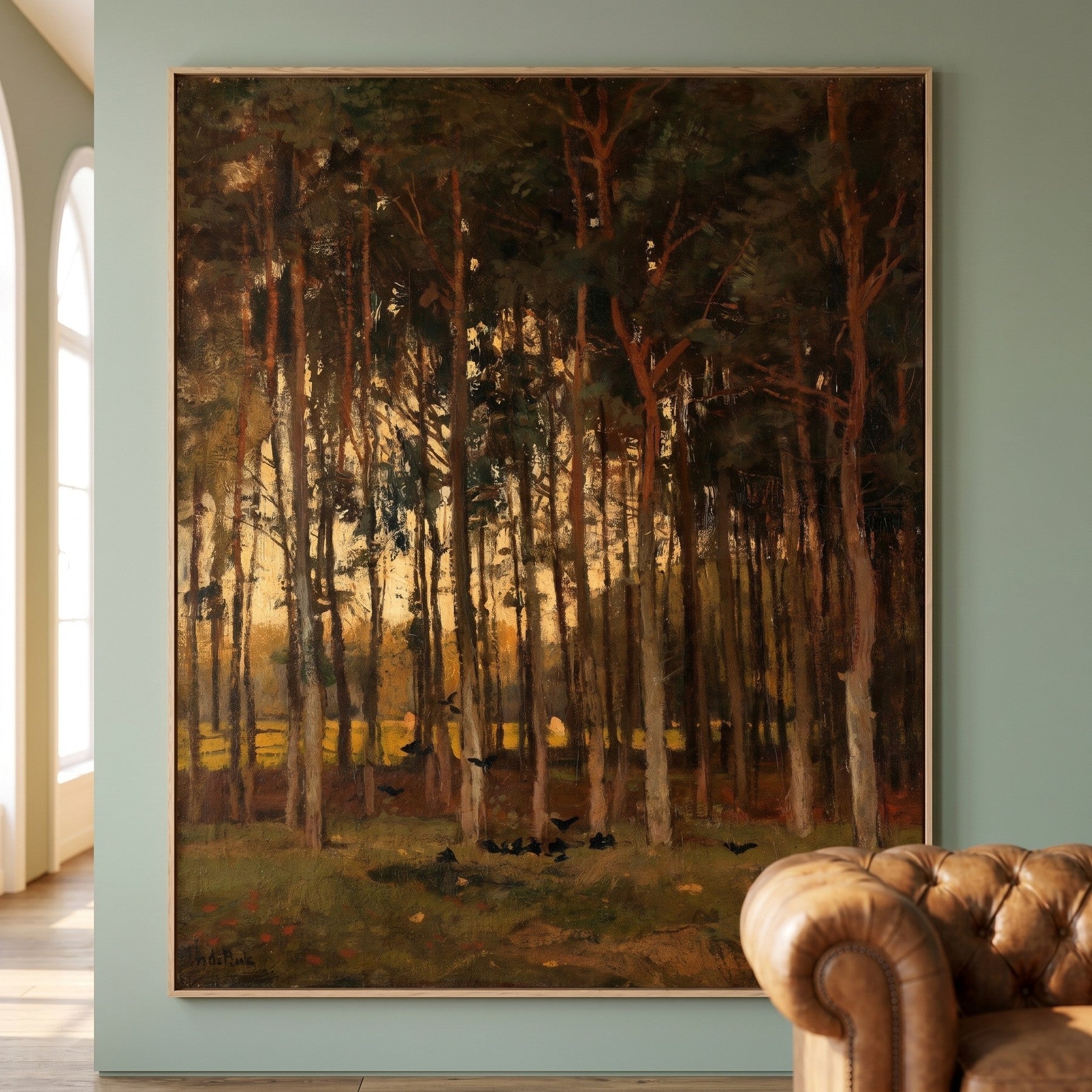 View in the Woods Tall Forest Landscape canvas wall art framed and hung on a wall by Theophile de Bock