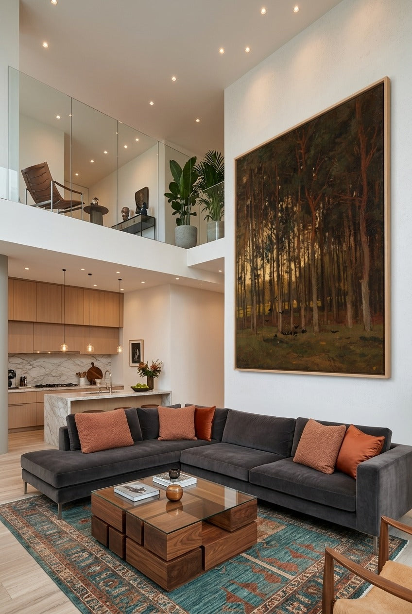 Theophile de Bock by Theophile de Bock — large brown and yellow Landscape canvas art displayed on a wall