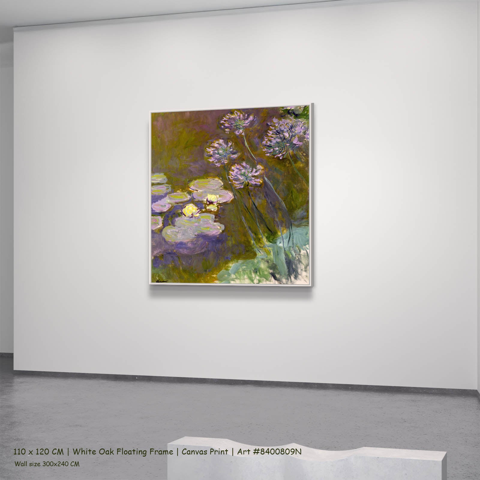 Water Lilies and Agapanthus Floral canvas wall art in a white oak floating frame, 110 × 120 cm