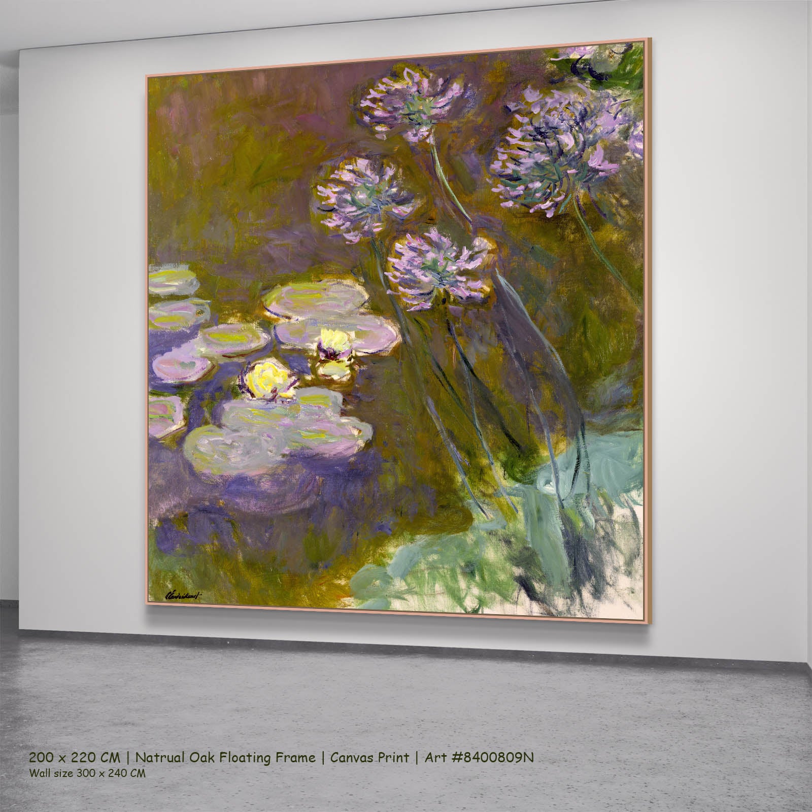 Water Lilies and Agapanthus Floral canvas wall art in a natural oak floating frame, 200 × 220 cm