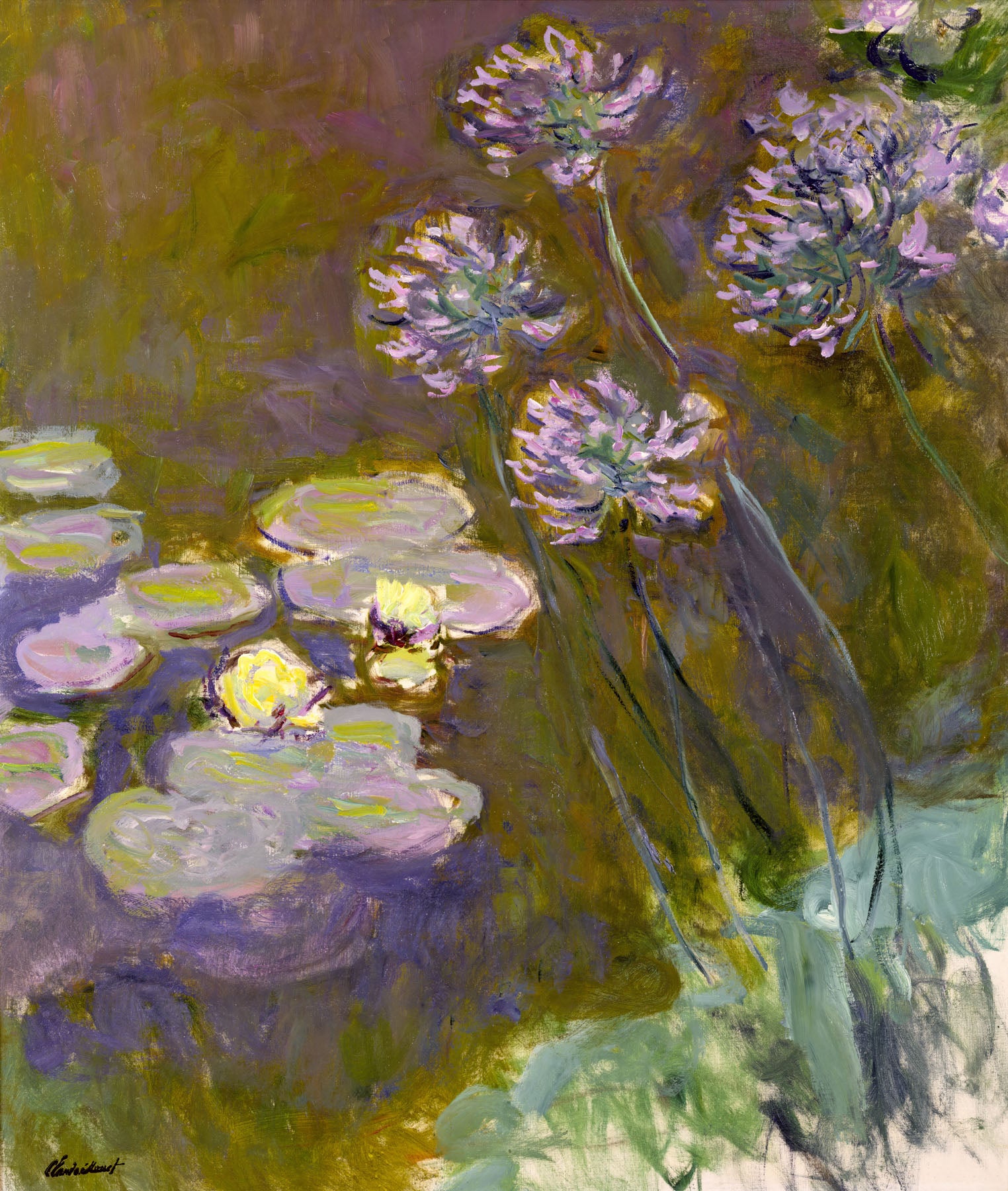 Water Lilies and Agapanthus — Tall Floral canvas wall art by Claude Monet