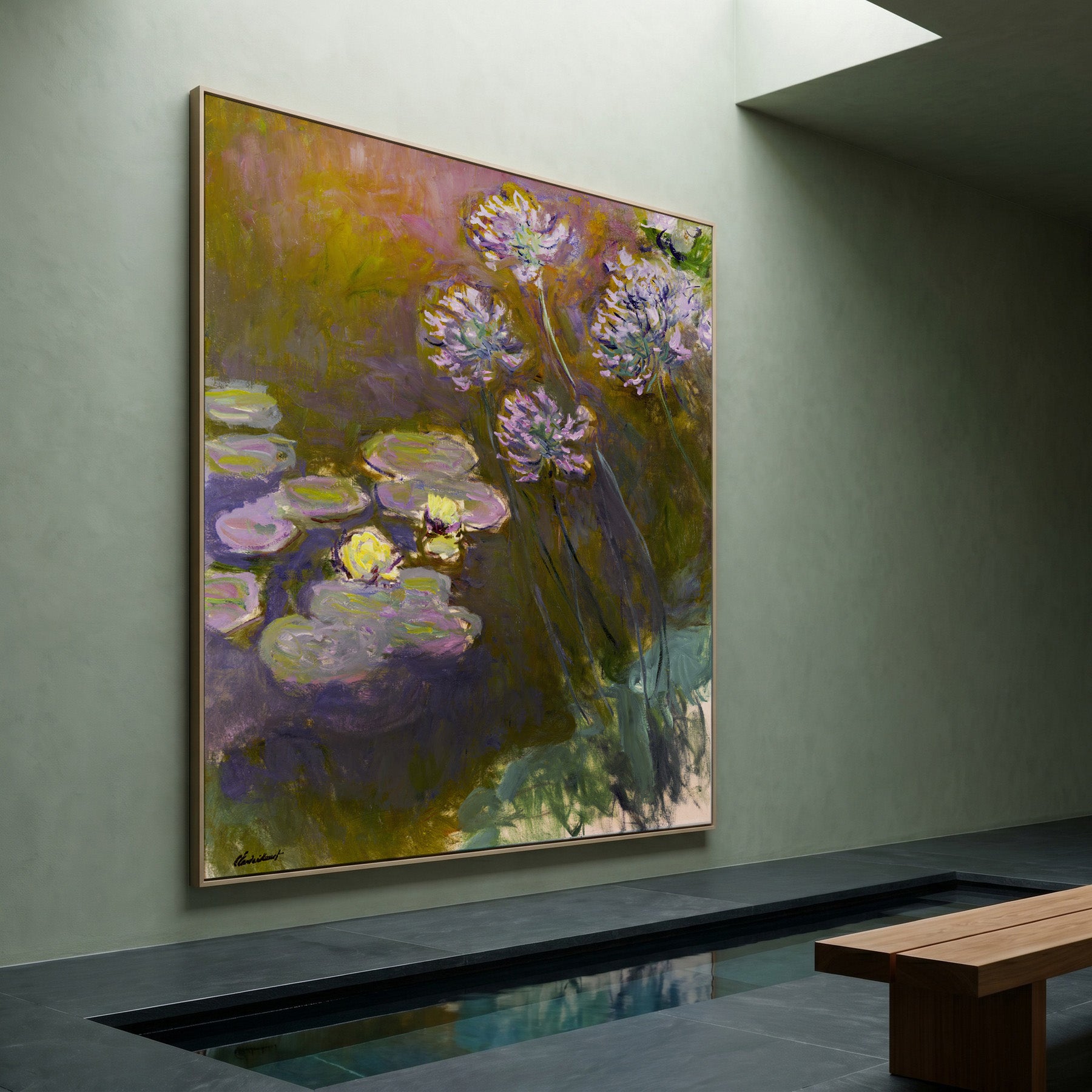 Water Lilies and Agapanthus Tall Floral canvas wall art framed and hung on a wall by Claude Monet