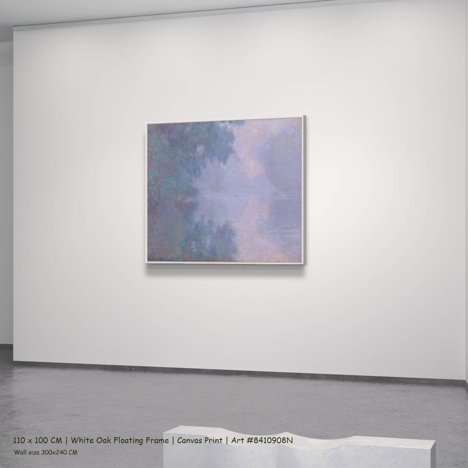 Morning on the Seine Landscape canvas wall art in a white oak floating frame, 110 × 100 cm