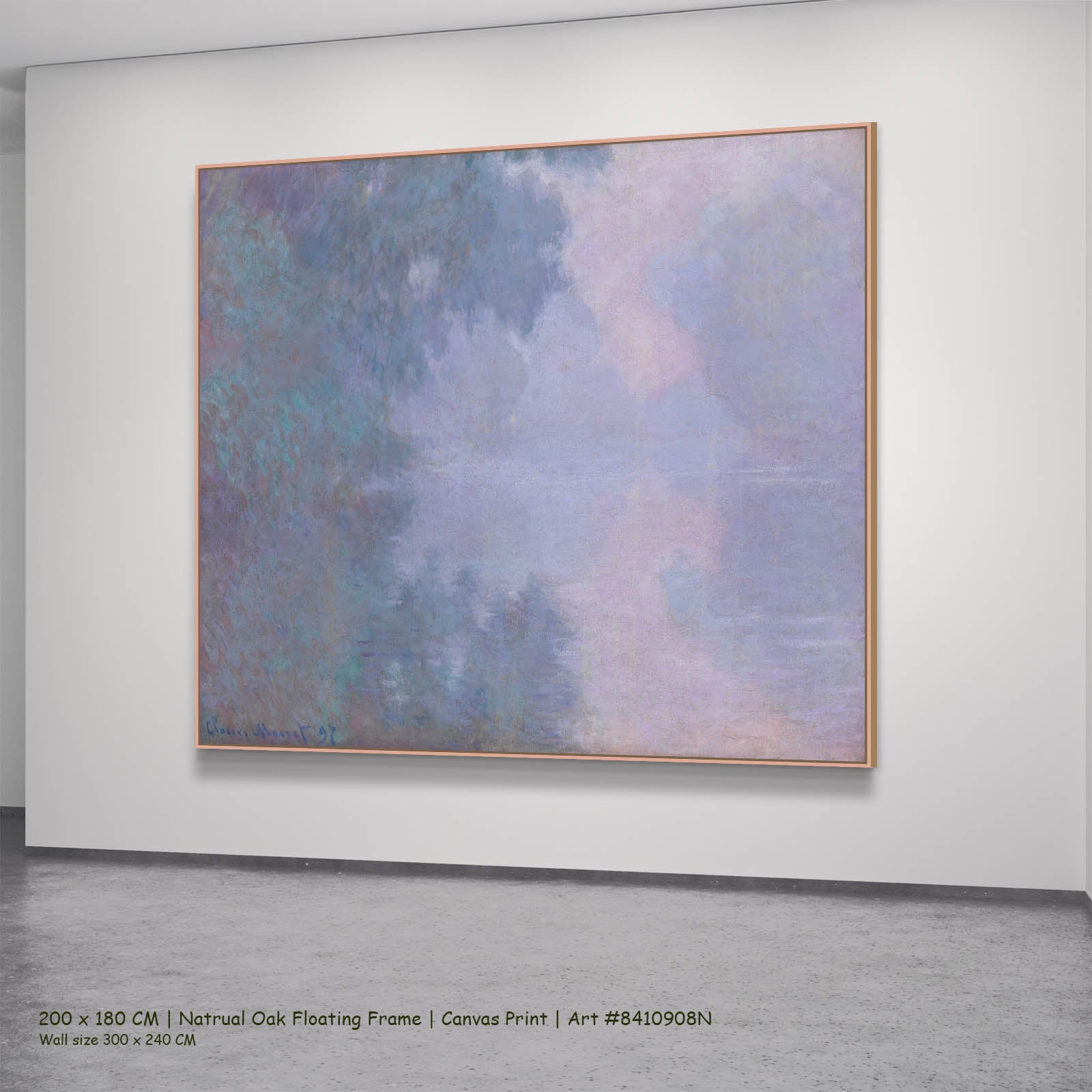 Morning on the Seine Landscape canvas wall art in a natural oak floating frame, 200 × 180 cm