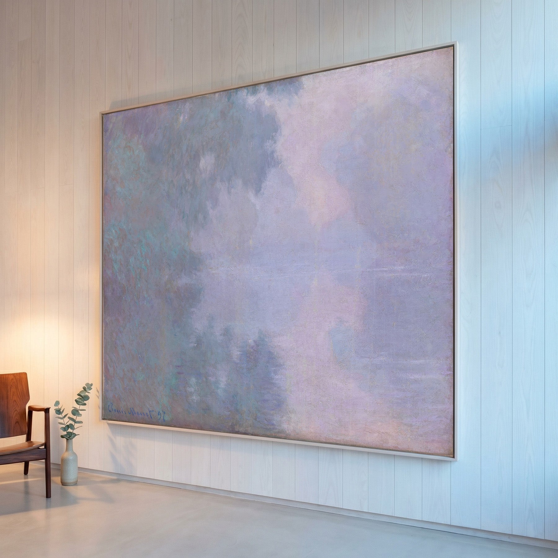 Morning on the Seine Large Landscape canvas wall art framed and hung on a wall by Claude Monet