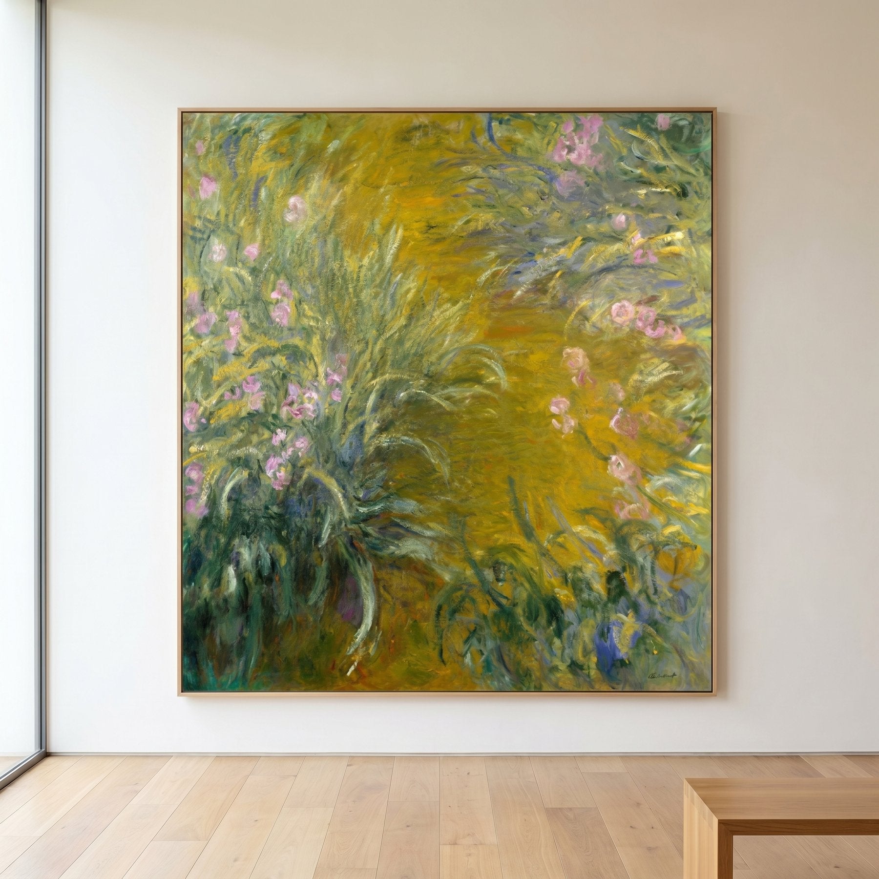 Path through the Irises Tall Floral canvas wall art framed and hung on a wall by Claude Monet