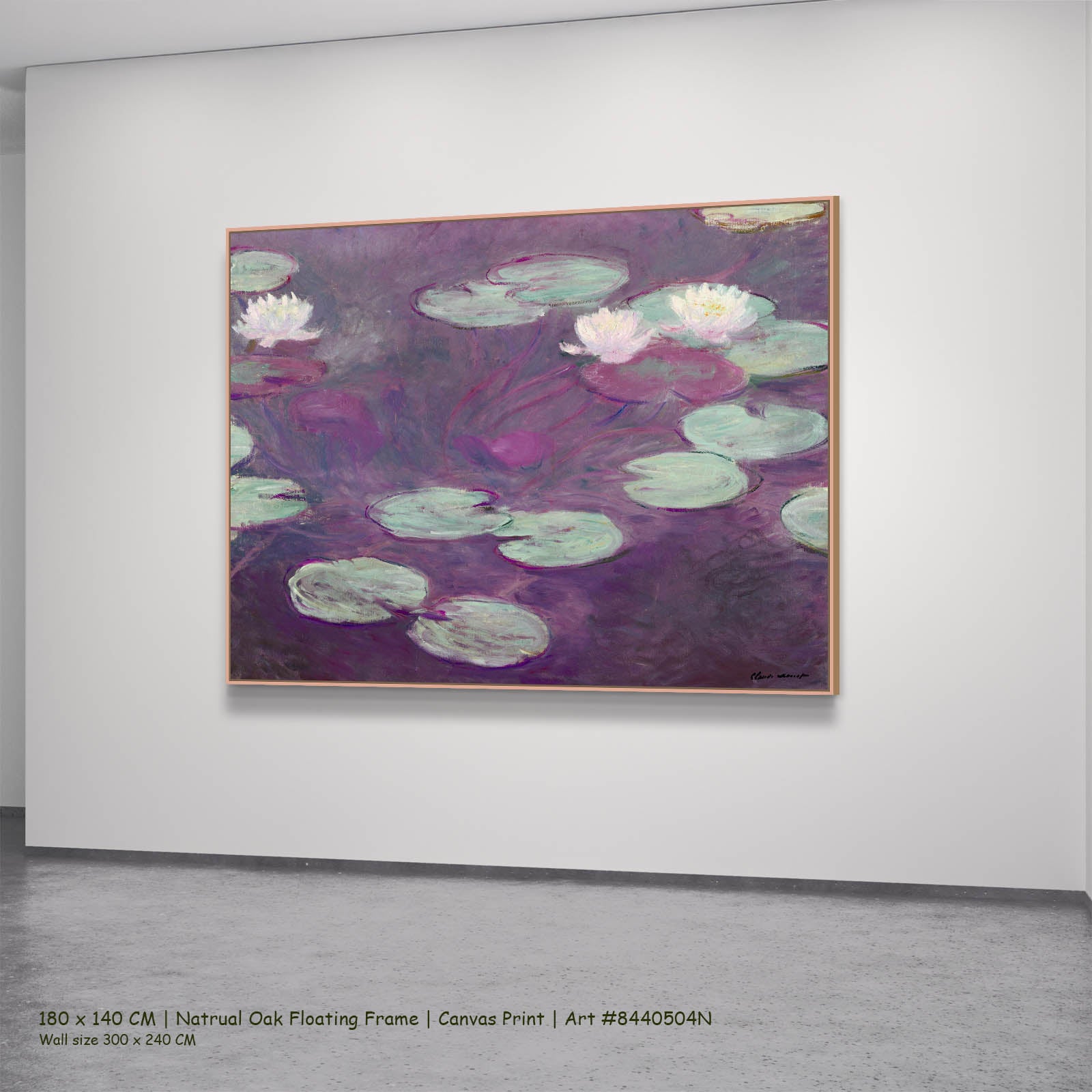 Water Lilies (Nymphéas) Floral canvas wall art in a natural oak floating frame, 180 × 140 cm
