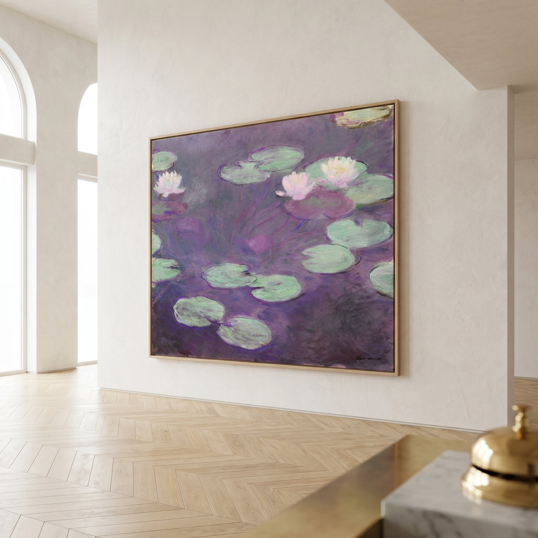 Water Lilies (Nymphéas) Oversized Floral canvas wall art framed and hung on a wall by Claude Monet