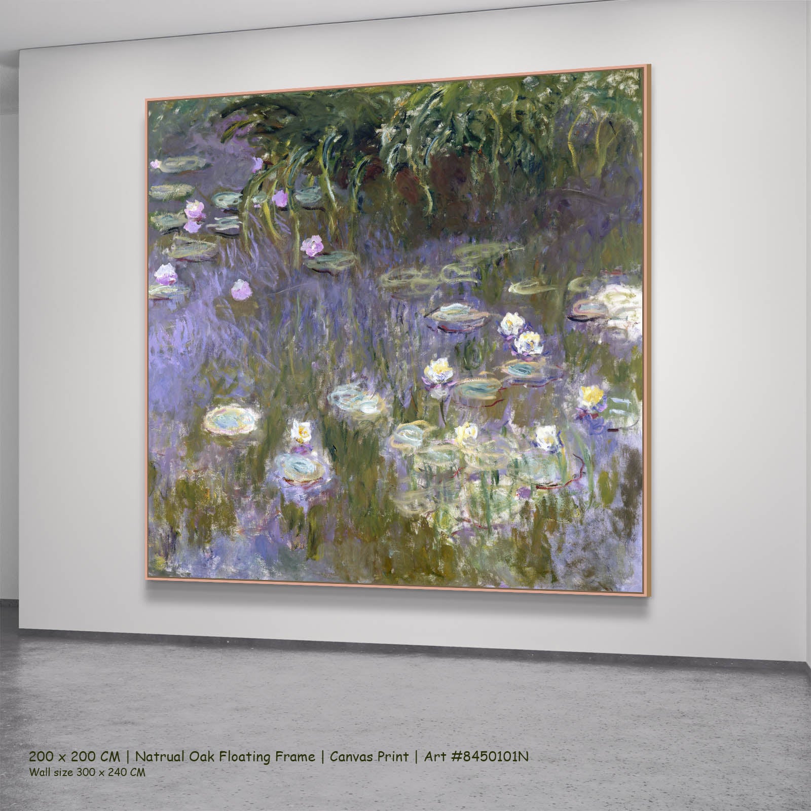 Water Lilies (Square Composition) Floral canvas wall art in a natural oak floating frame, 200 × 200 cm