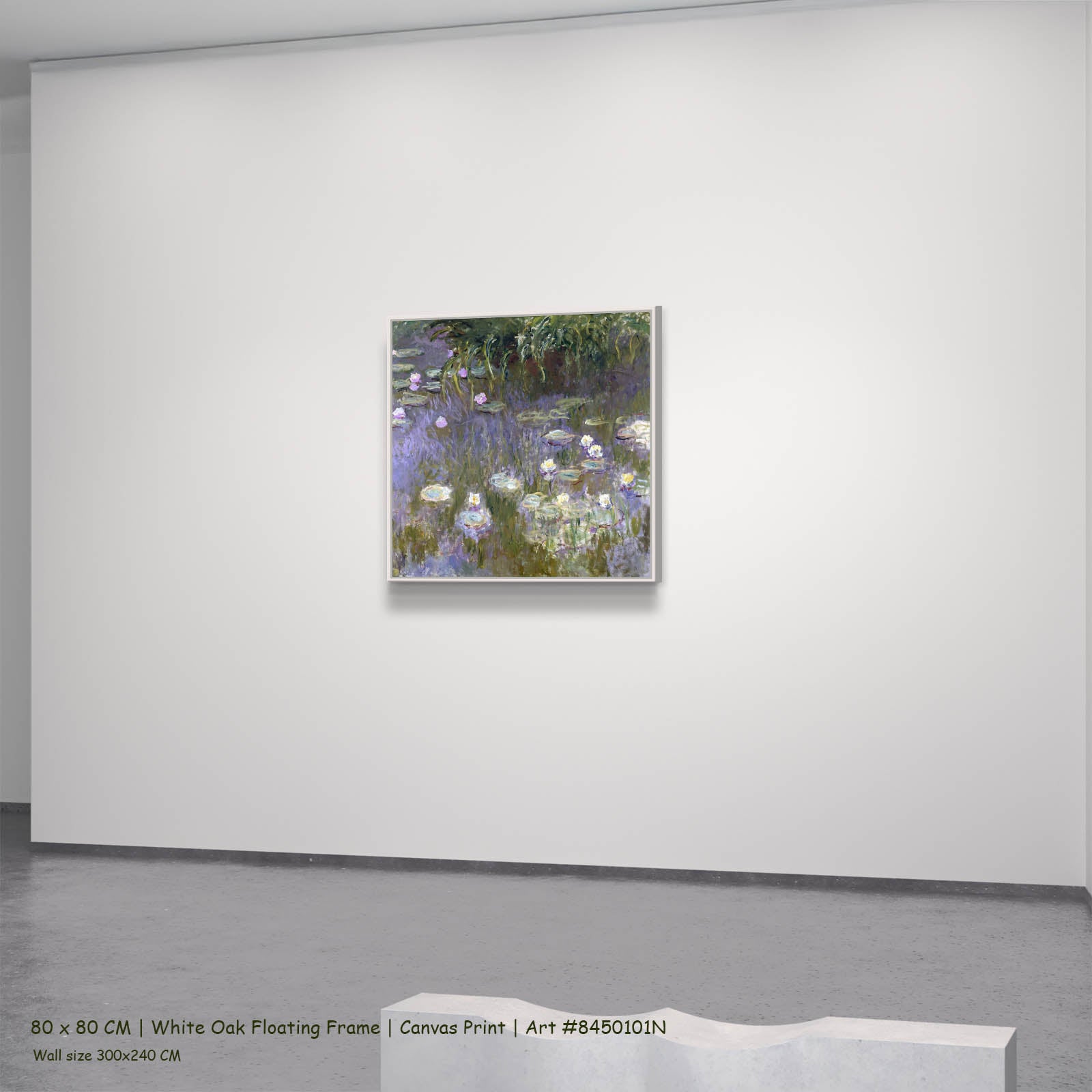 Water Lilies (Square Composition) Floral canvas wall art in a white oak floating frame, 80 × 80 cm