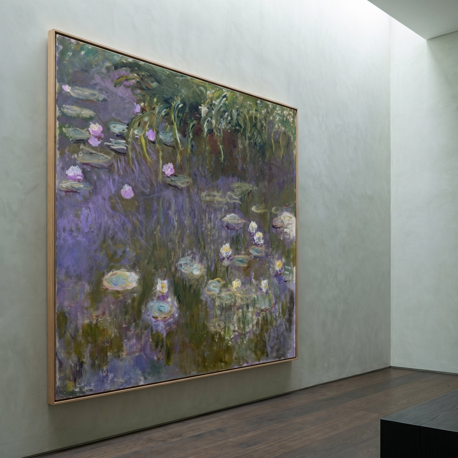 Water Lilies (Square Composition) Square Floral canvas wall art framed and hung on a wall by Claude Monet